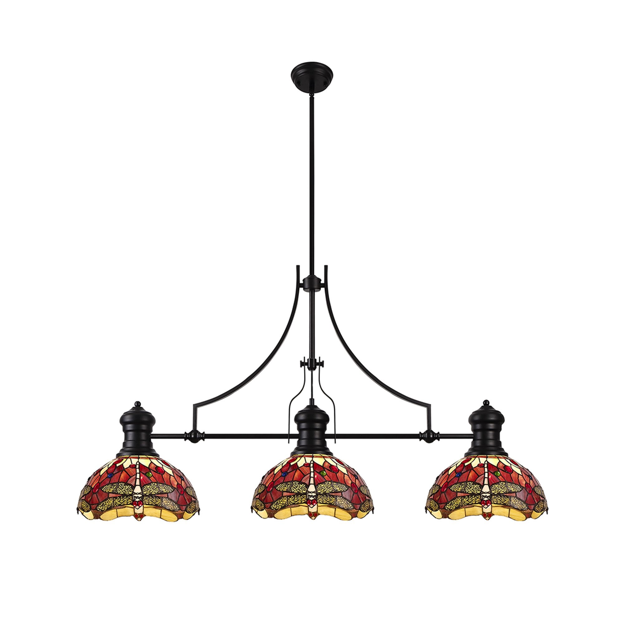 Fabula Hornbeam 3 Light Linear Matt Black Pendant - 30cm Tiffany Shade - Purple & Pink