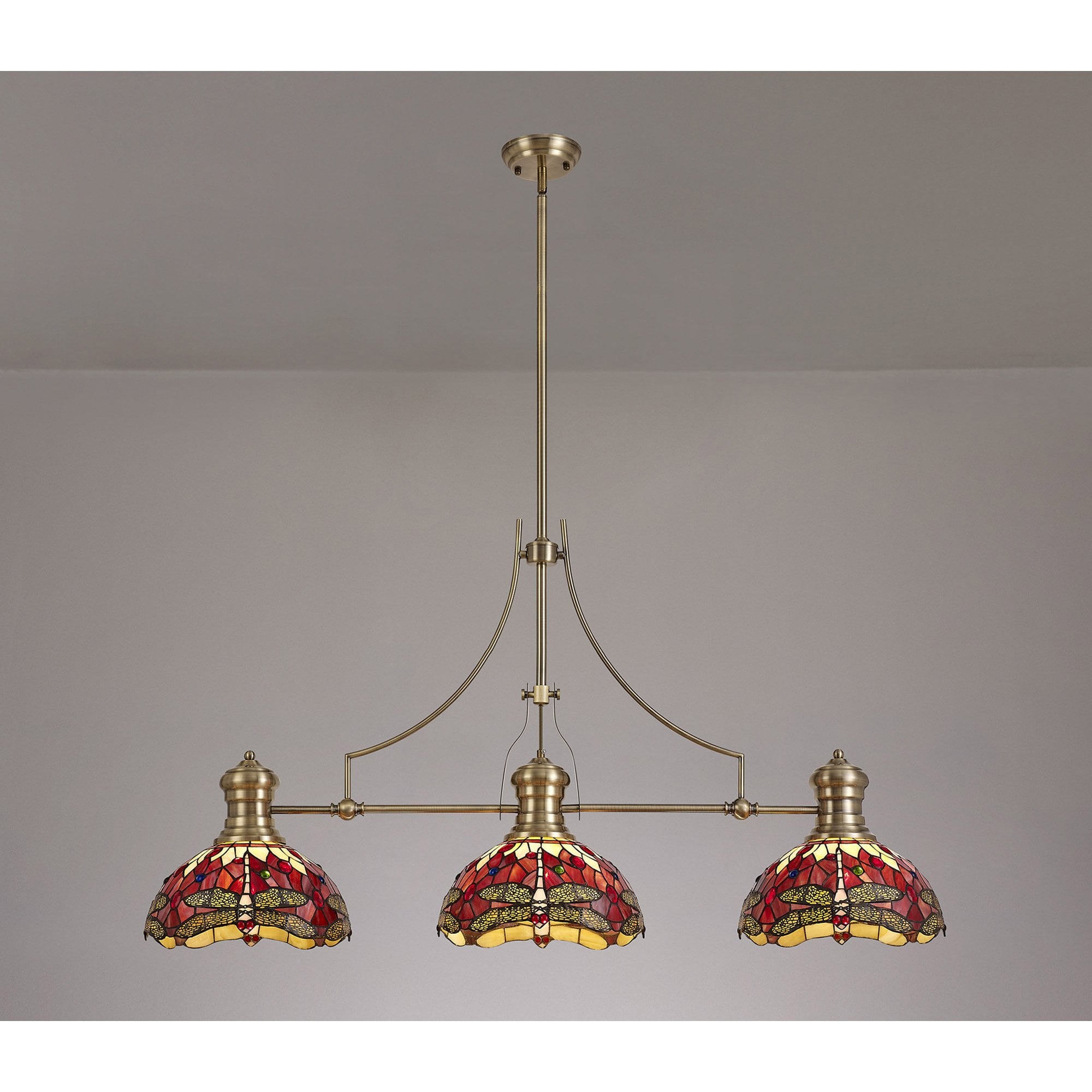 Fabula Hornbeam 3 Light Linear Antique Brass Pendant - 30cm Tiffany Shade - Purple & Pink