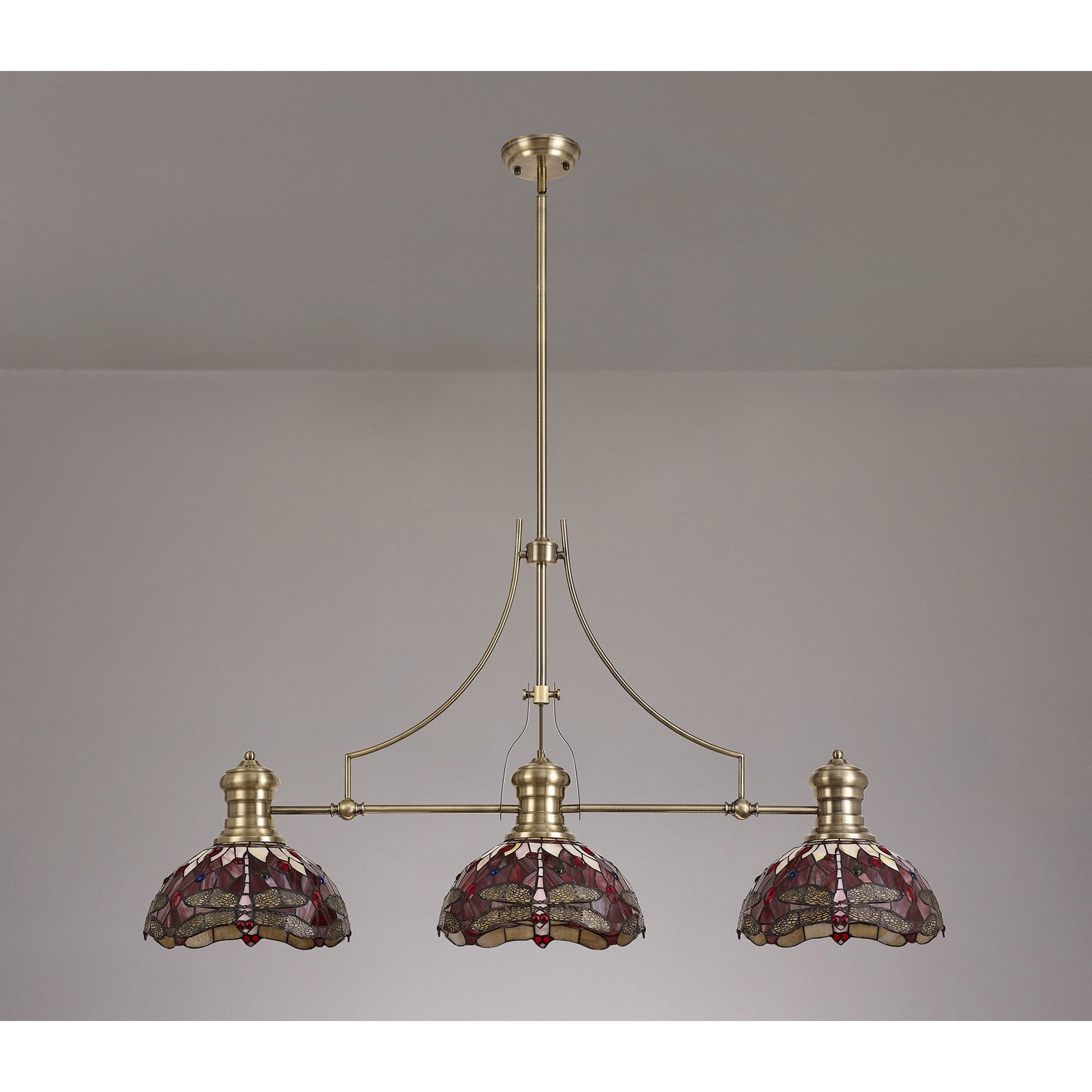 Fabula Hornbeam 3 Light Linear Antique Brass Pendant - 30cm Tiffany Shade - Purple & Pink