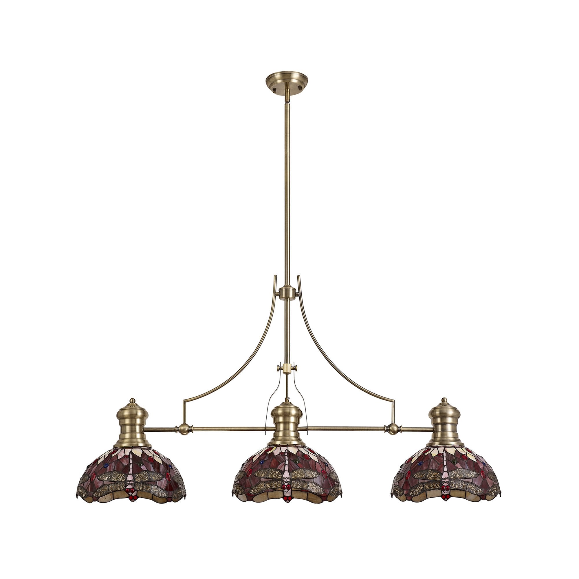 Fabula Hornbeam 3 Light Linear Antique Brass Pendant - 30cm Tiffany Shade - Purple & Pink