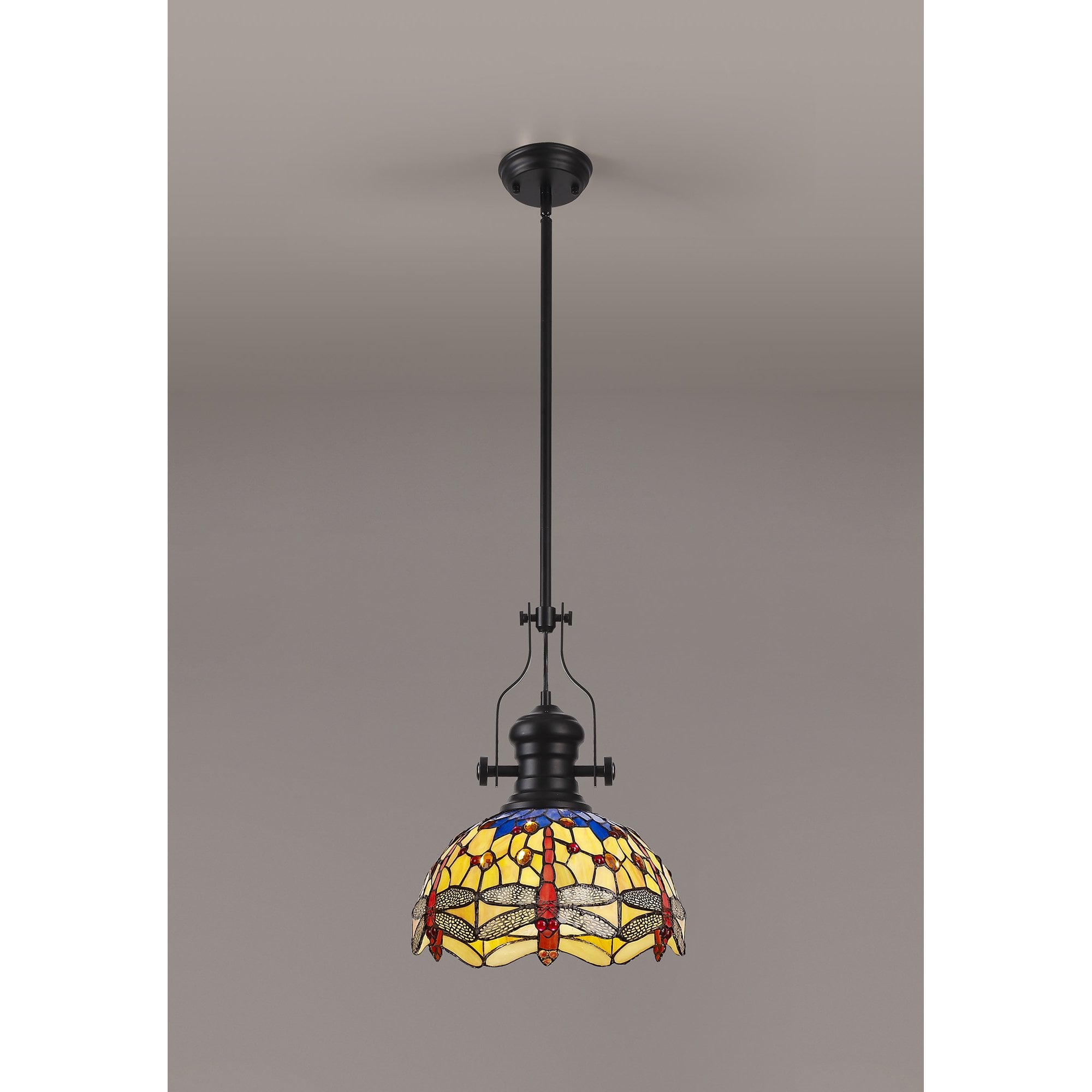 Fabula Hornbeam Matt Black Single Pendant - 30cm Tiffany Shade - Blue & Orange