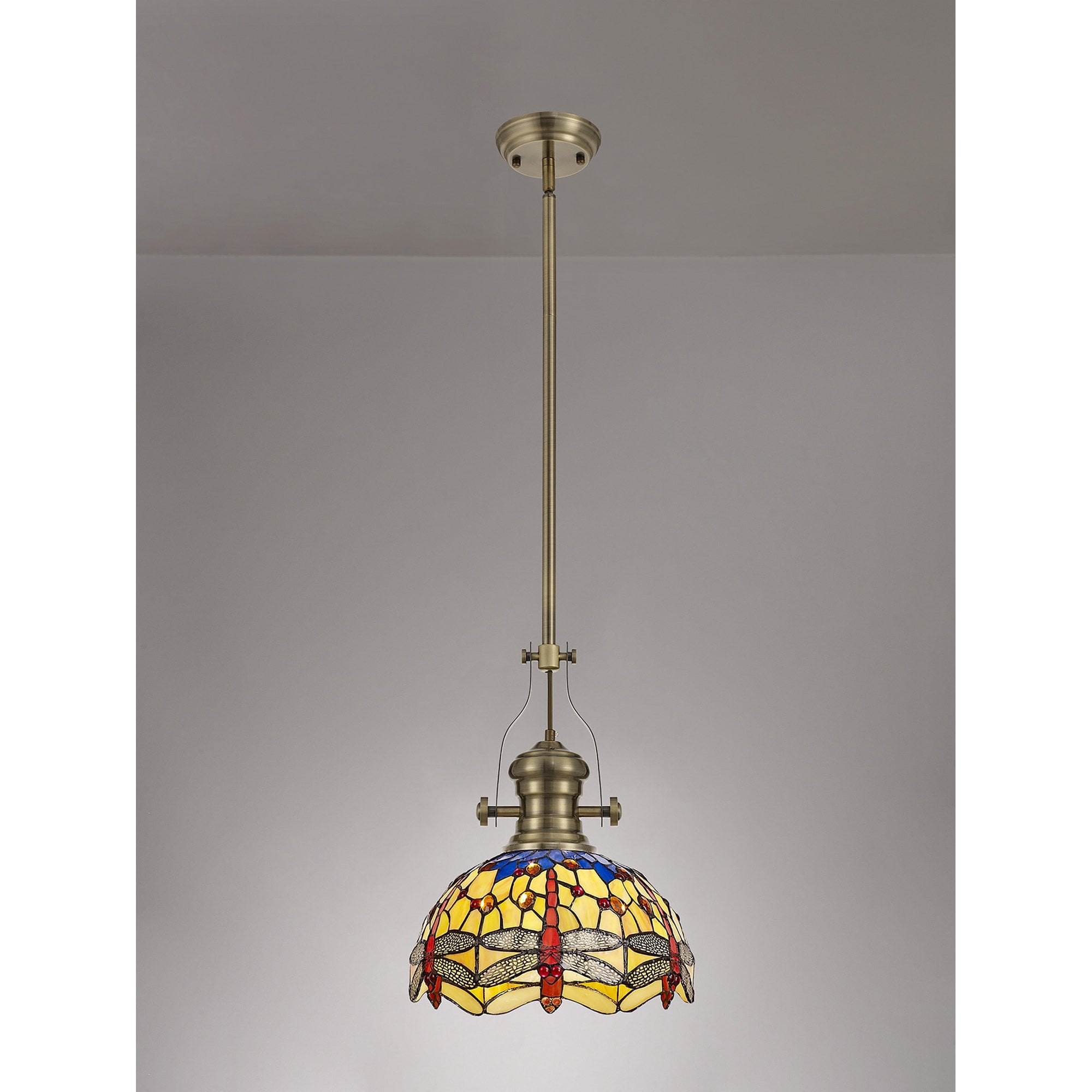 Fabula Hornbeam Antique Brass Single Pendant - 30cm Tiffany Shade - Blue & Orange