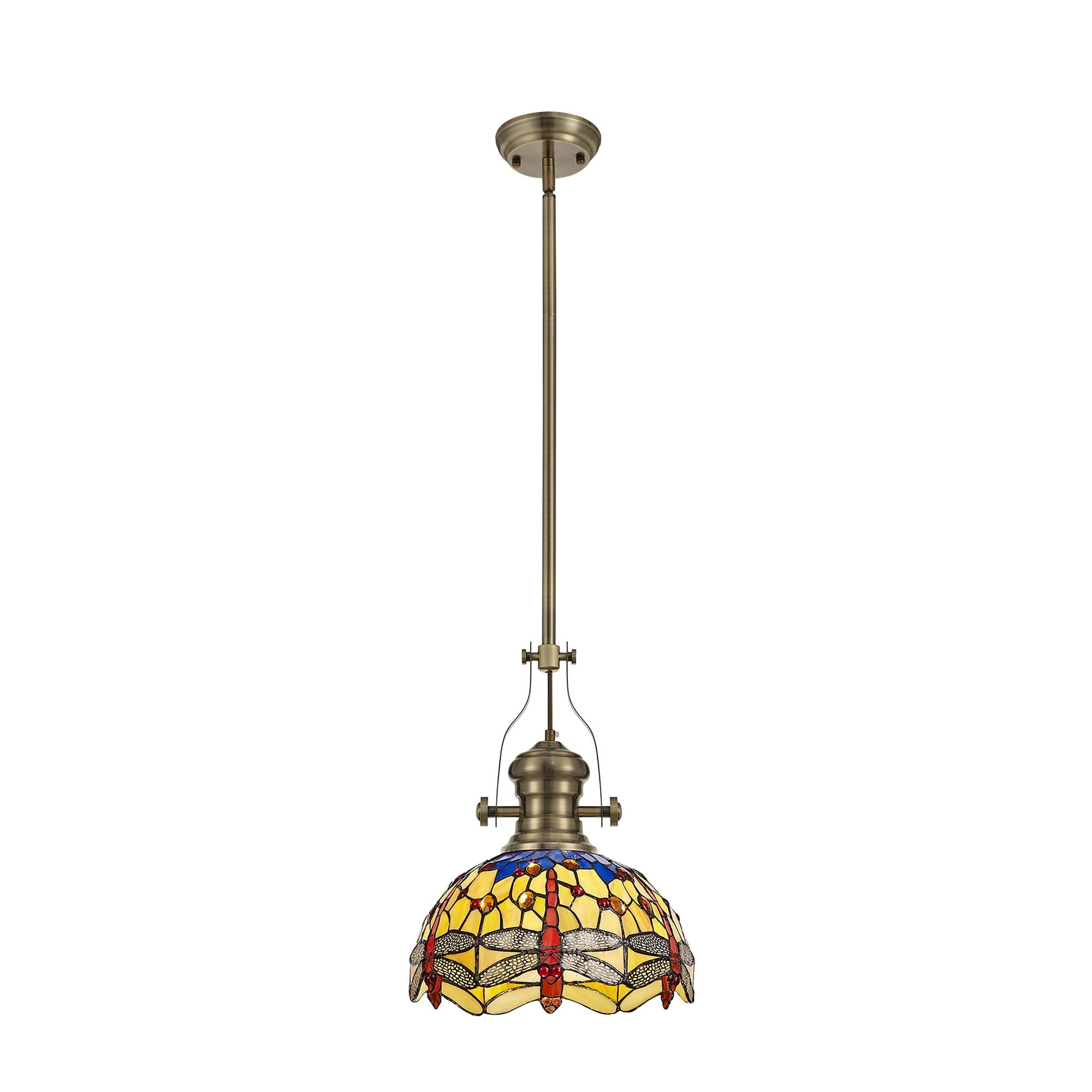 Fabula Hornbeam Antique Brass Single Pendant - 30cm Tiffany Shade - Blue & Orange
