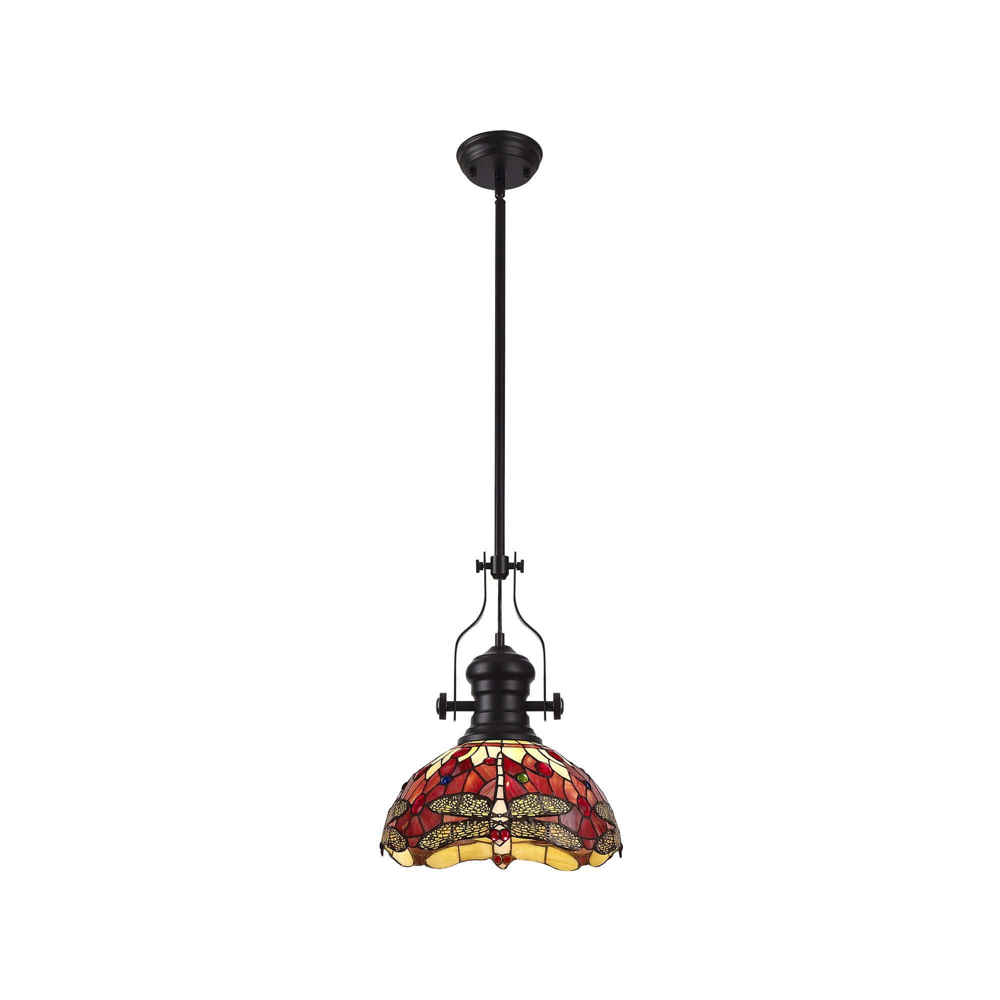 Fabula Hornbeam Matt Black Single Pendant - 30cm Tiffany Shade - Purple & Pink