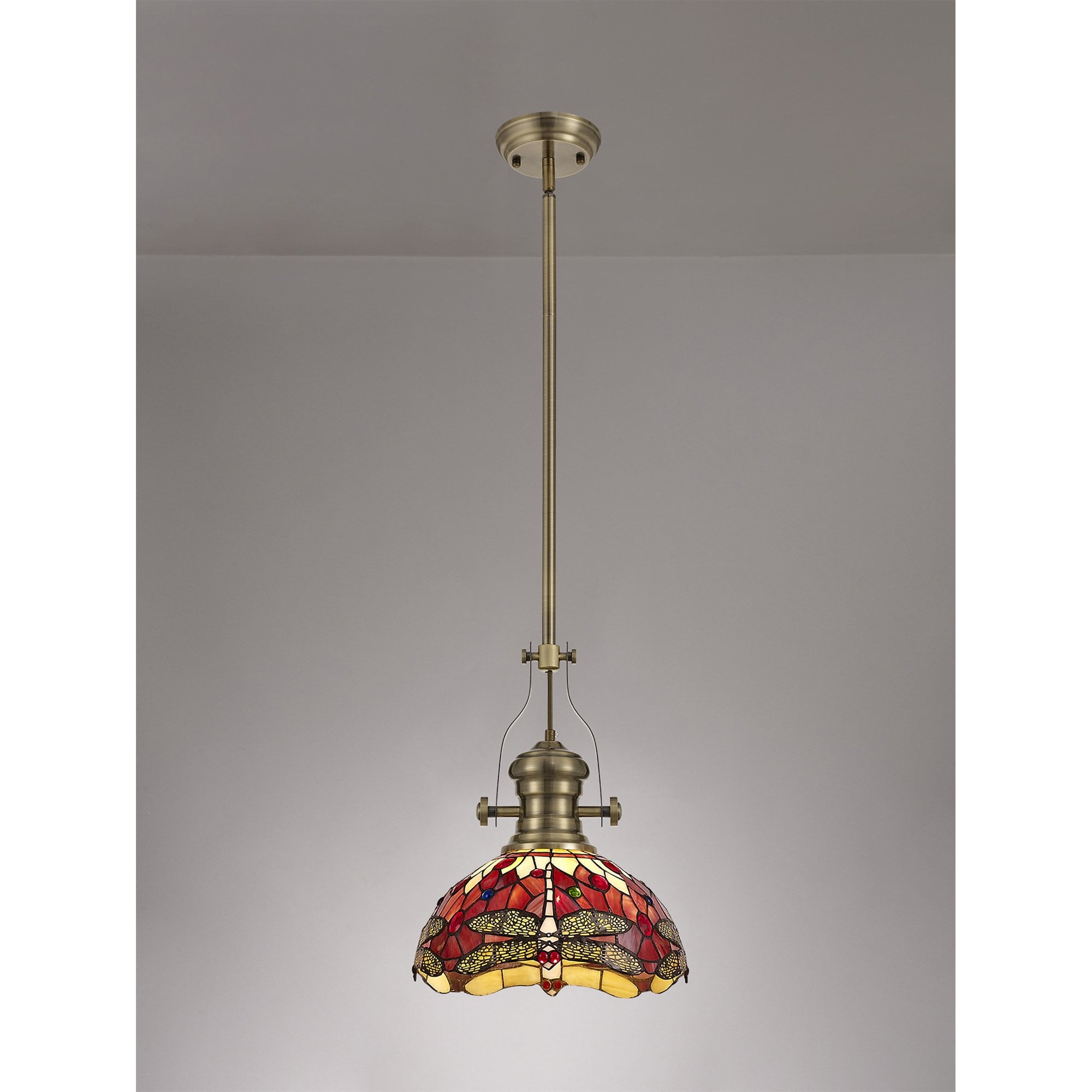 Fabula Hornbeam Antique Brass Single Pendant - 30cm Tiffany Shade - Purple & Pink