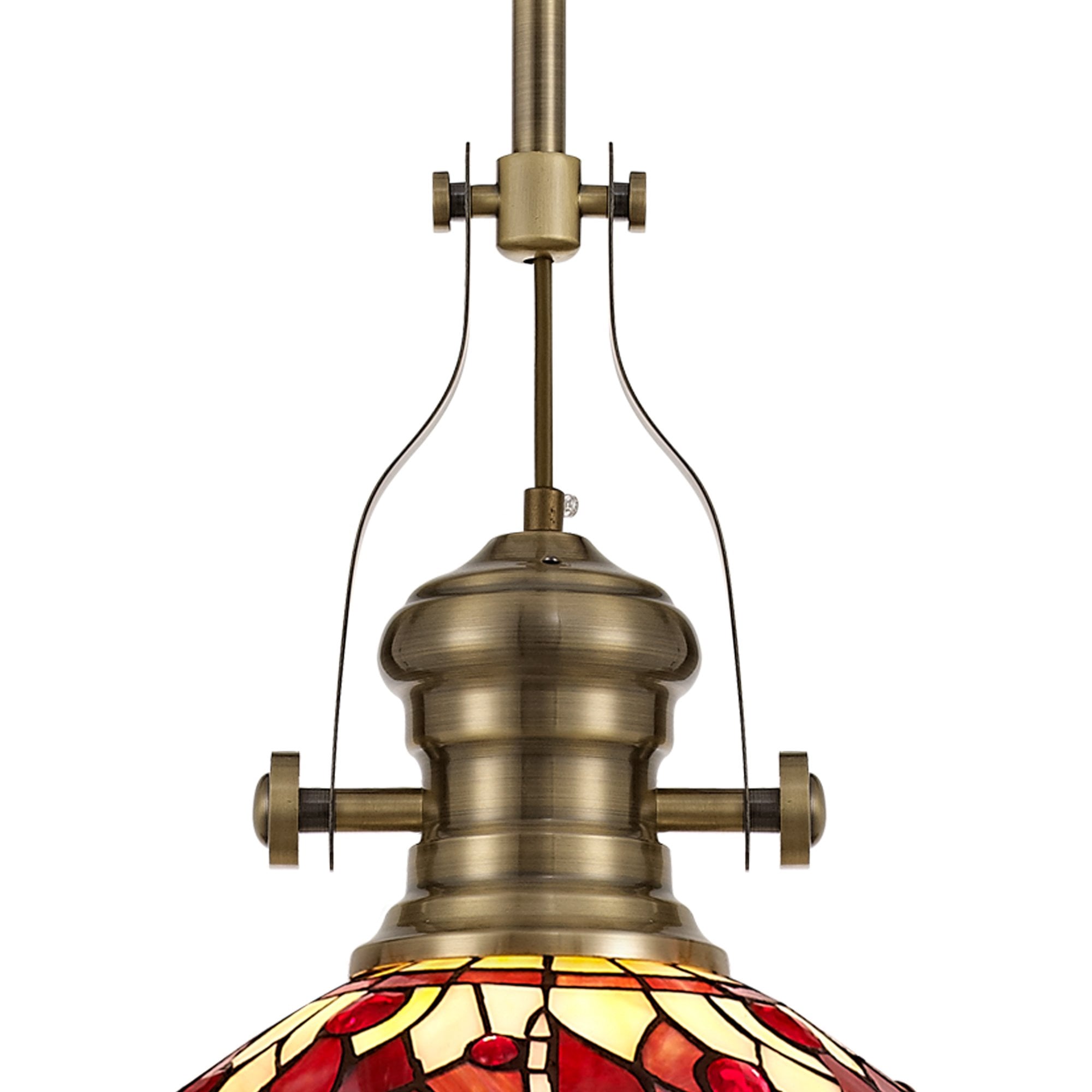 Fabula Hornbeam Antique Brass Single Pendant - 30cm Tiffany Shade - Purple & Pink