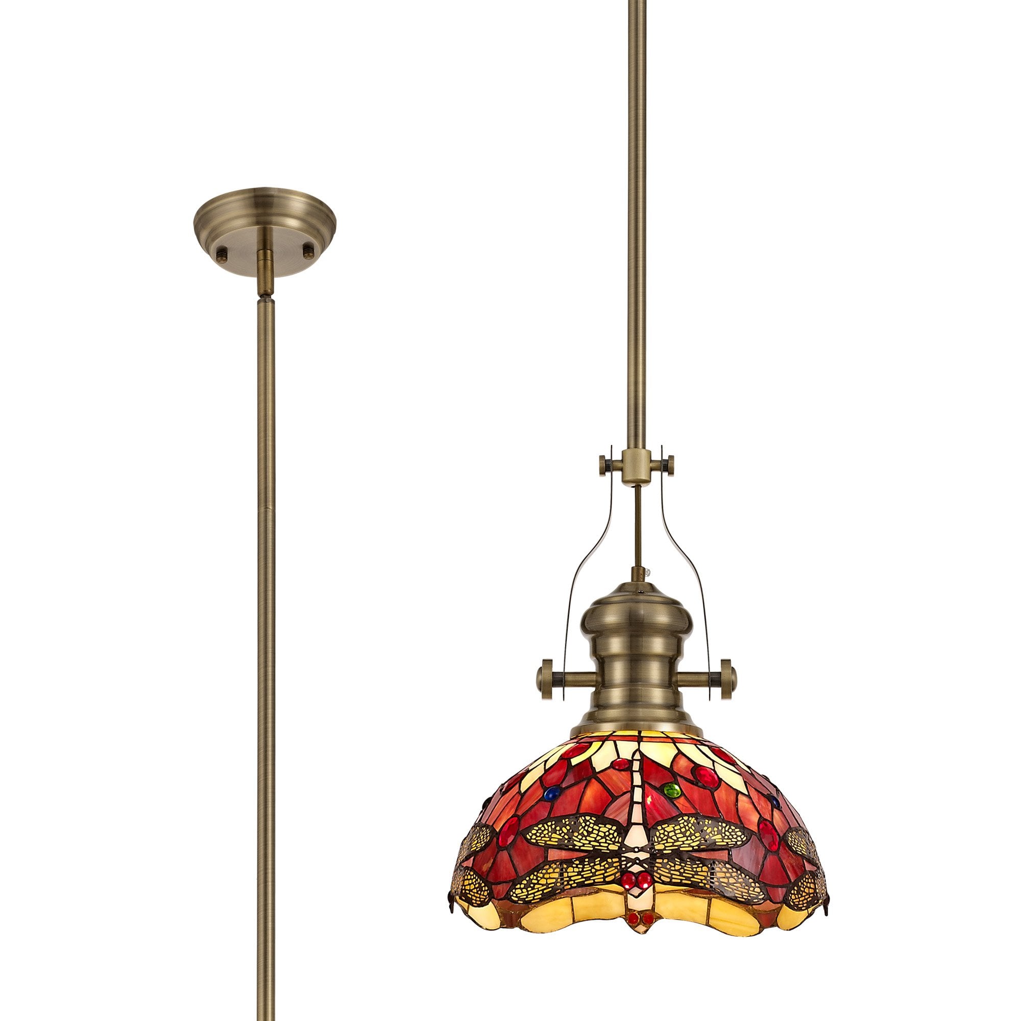Fabula Hornbeam Antique Brass Single Pendant - 30cm Tiffany Shade - Purple & Pink