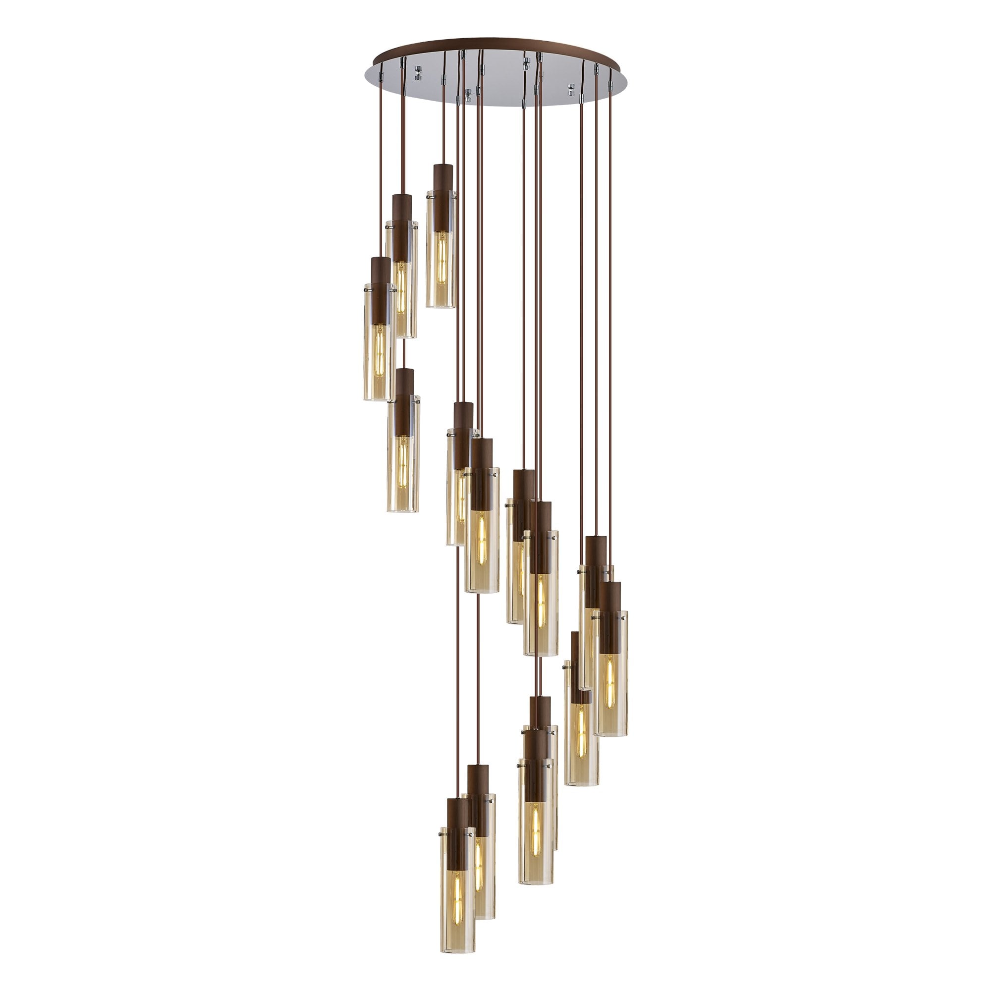 Fabula Kingfisher Adjustable 15 Light Round Pendant - Mocha & Amber Glass