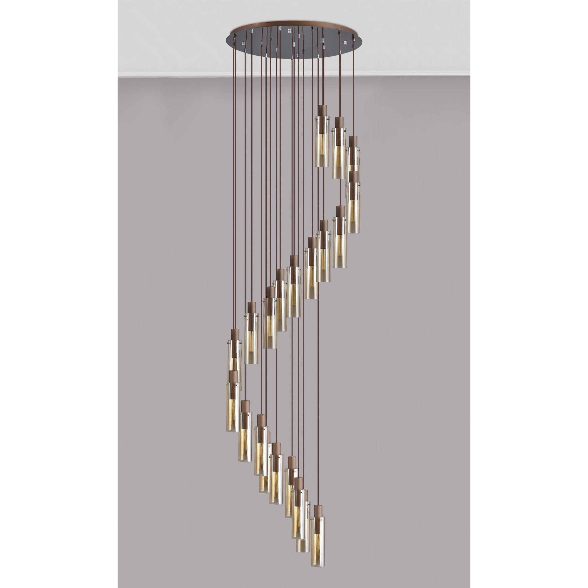 Fabula Kingfisher Adjustable 21 Light Round Pendant - Mocha & Amber Glass