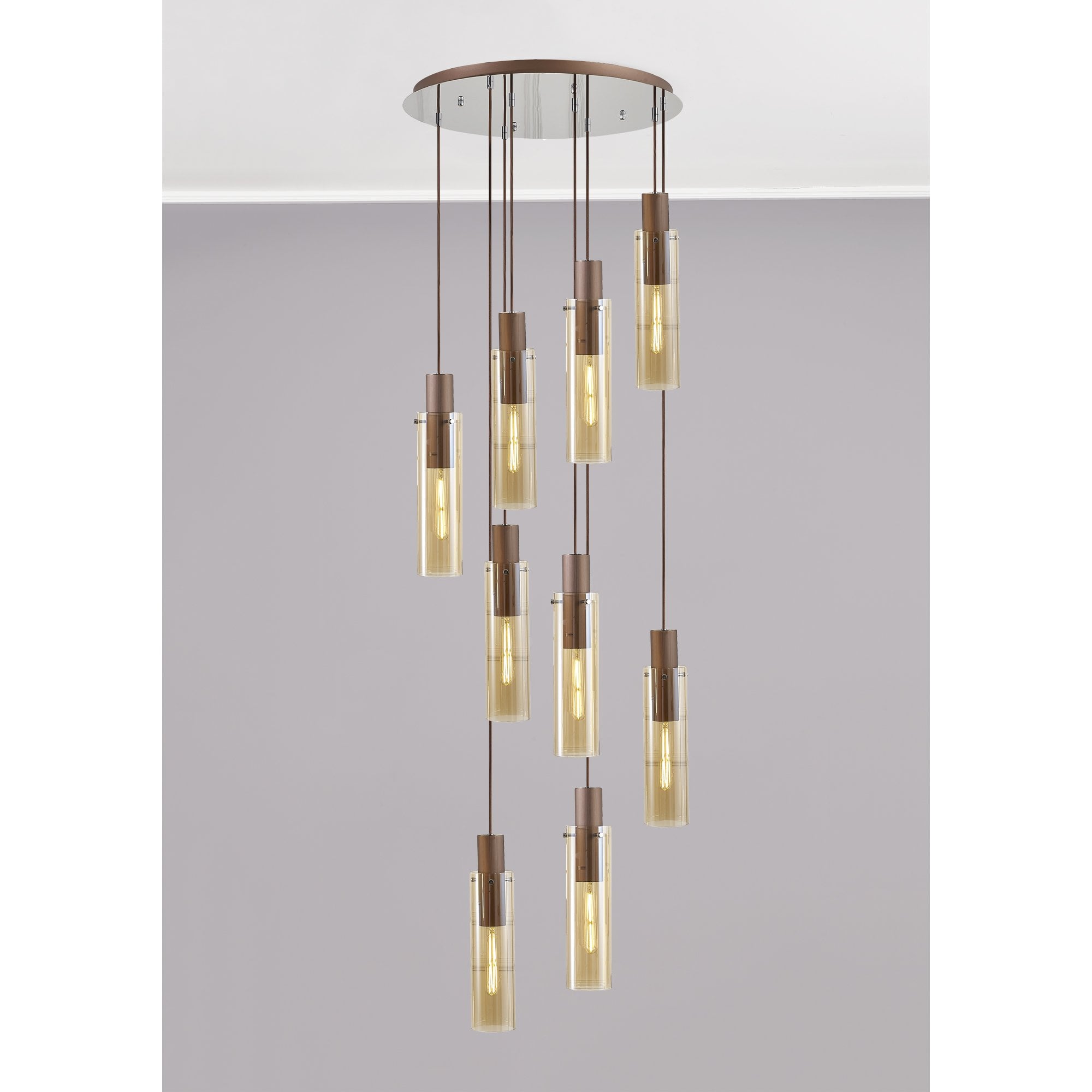 Fabula Kingfisher Adjustable 9 Light Round Pendant - Mocha & Amber Glass