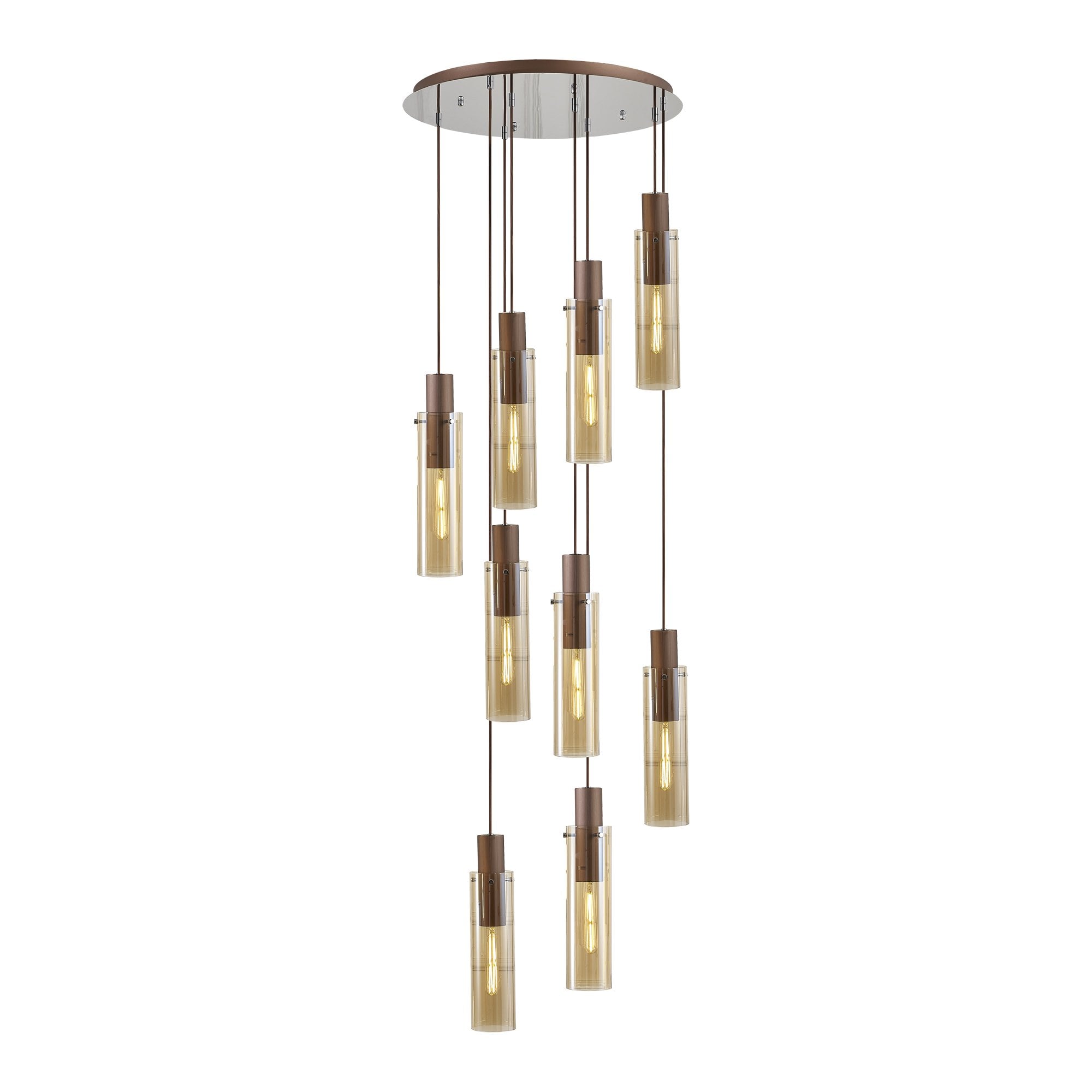 Fabula Kingfisher Adjustable 9 Light Round Pendant - Mocha & Amber Glass