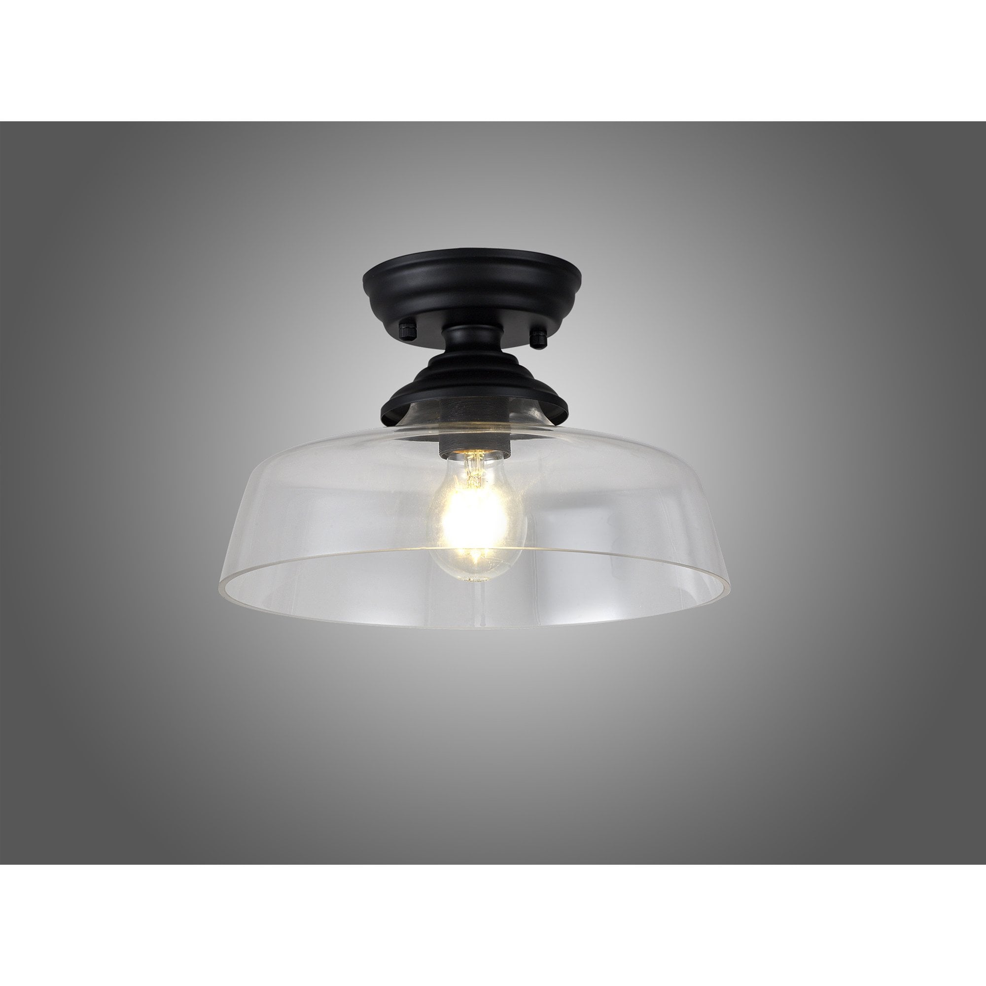 Fabula Mansfield Single Flush Light - 30cm Flat Round Glass Shade - Matt Black & Clear Glass