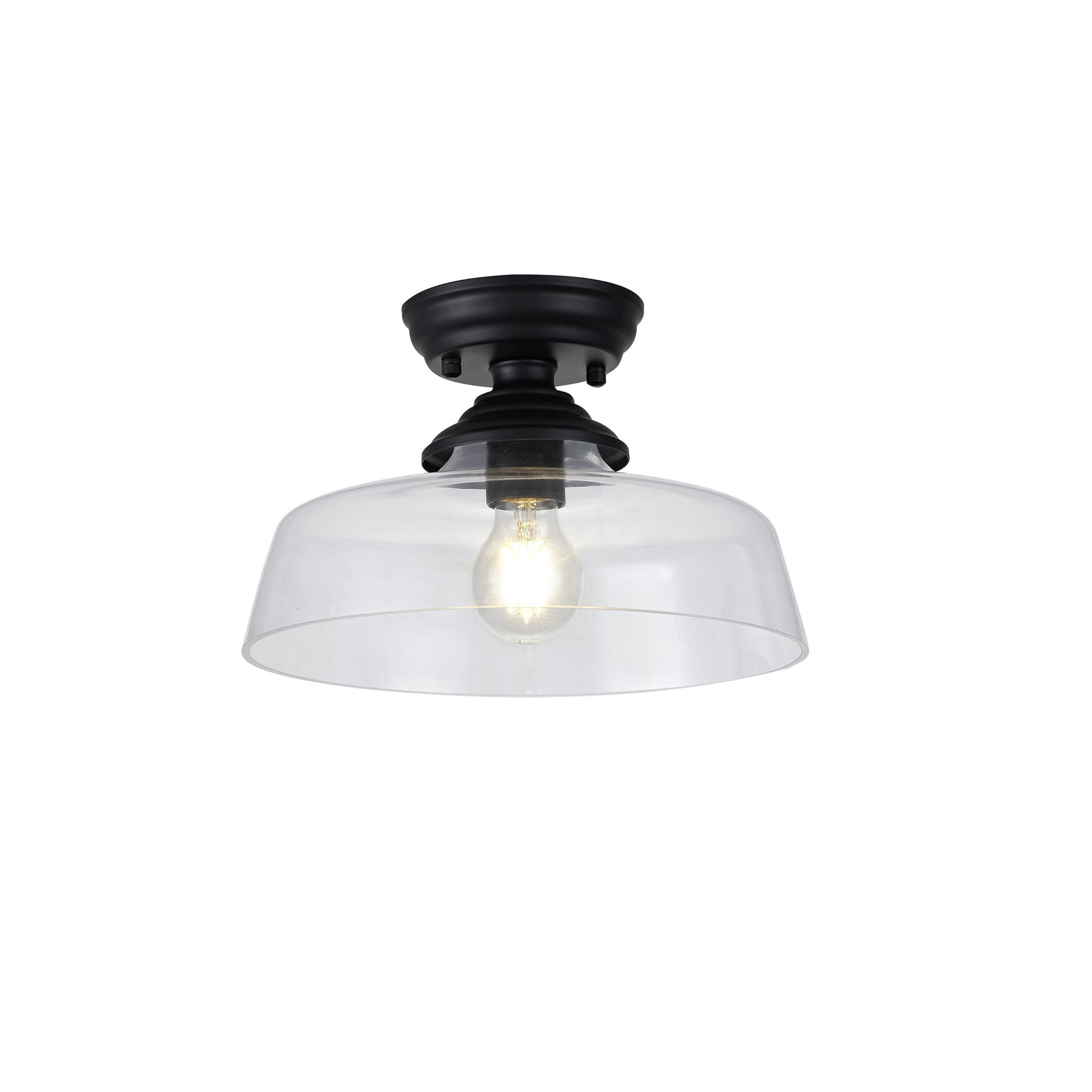 Fabula Mansfield Single Flush Light - 30cm Flat Round Glass Shade - Matt Black & Clear Glass