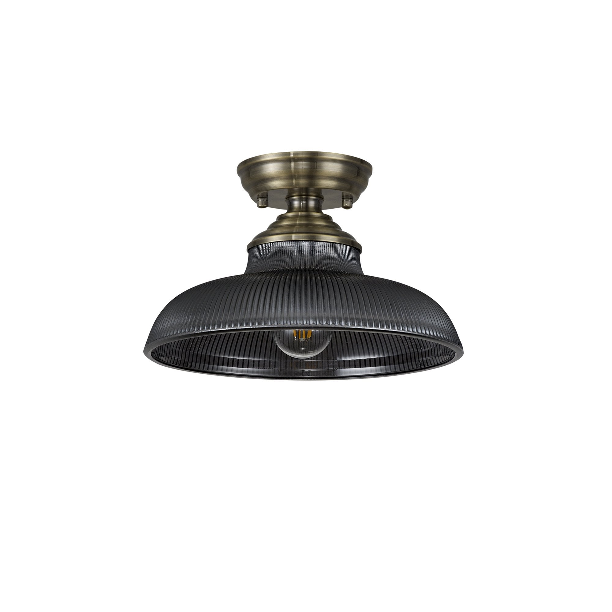 Fabula Mansfield Single Flush Light - 30cm Round Glass Shade - Antique Brass & Smoked Glass
