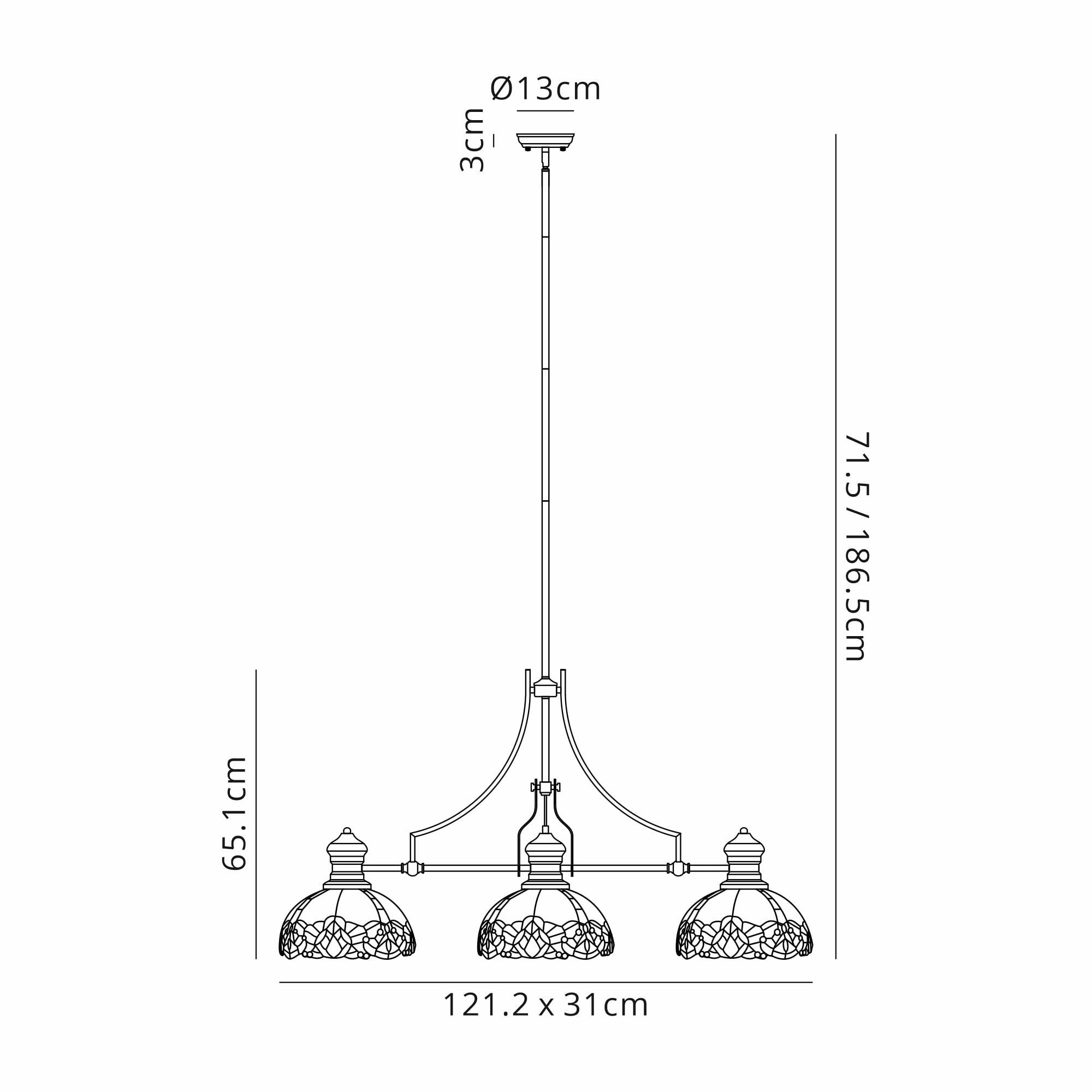 Fabula Newmans 3 Light Linear Pendant - 30cm Tiffany Shade - Matt Black & Blue