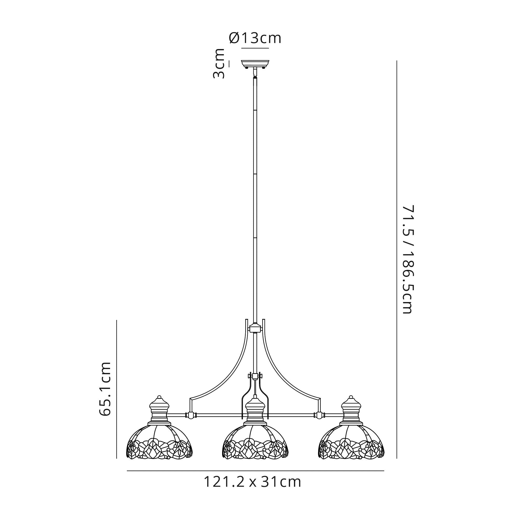Fabula Newmans 3 Light Linear Pendant - 30cm Tiffany Shade - Polished Nickel & Blue