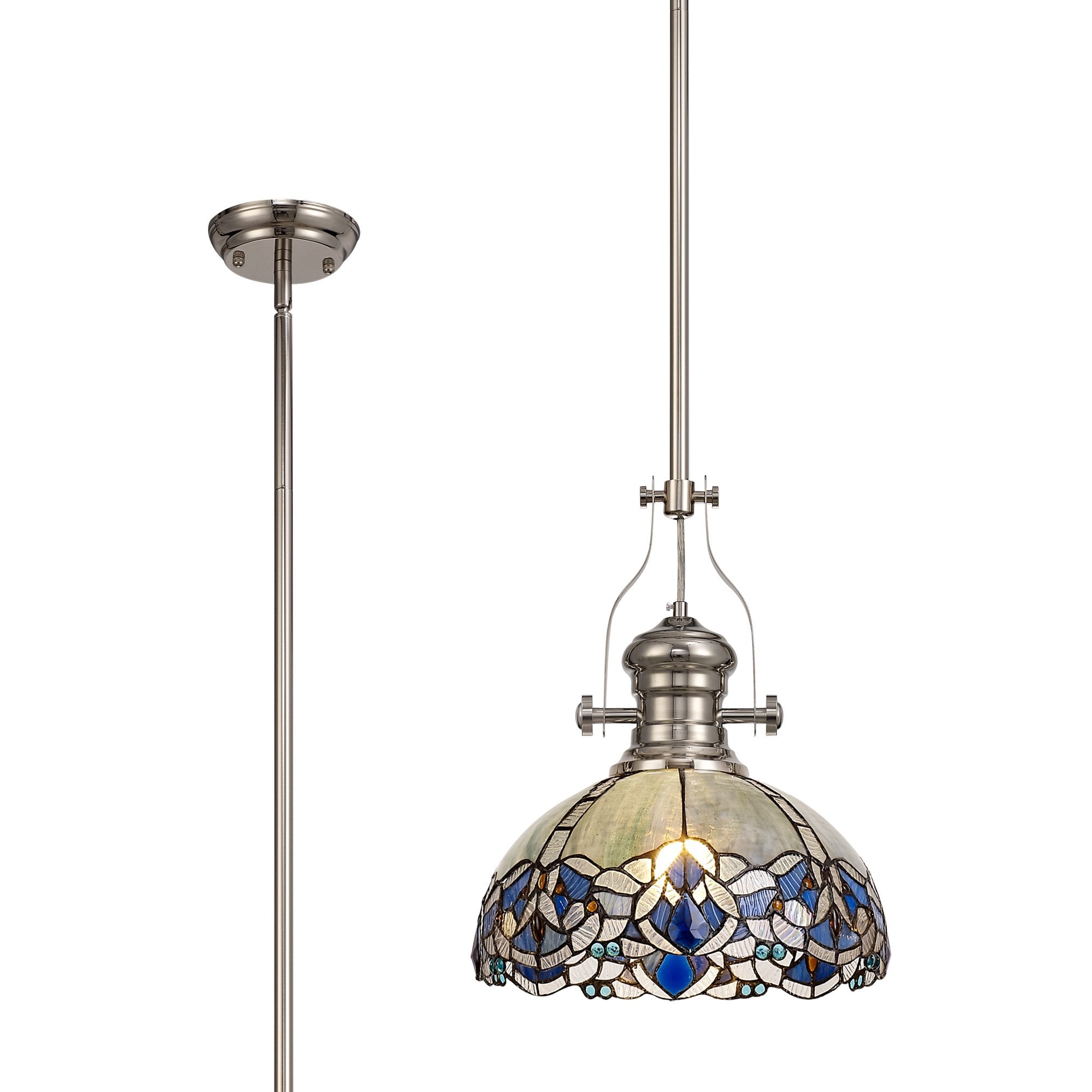 Fabula Newmans Single Pendant - 30cm Tiffany Shade - Polished Nickel & Blue