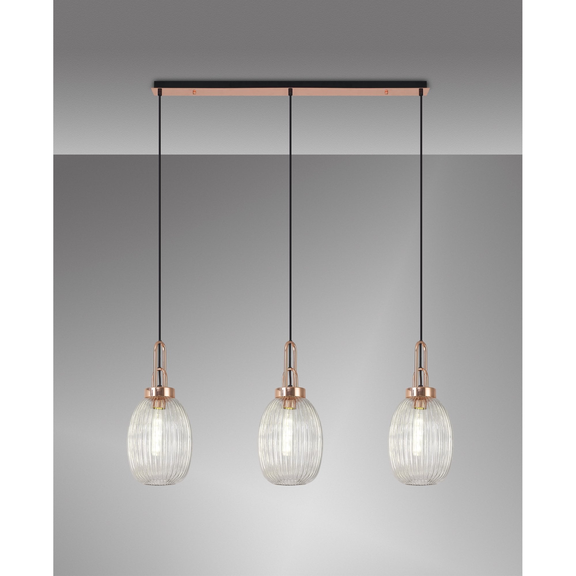 Fabula Springfield 3 Light Linear Pendant - 20cm Almond Ribbed Glass Shades - Copper & Clear Glass