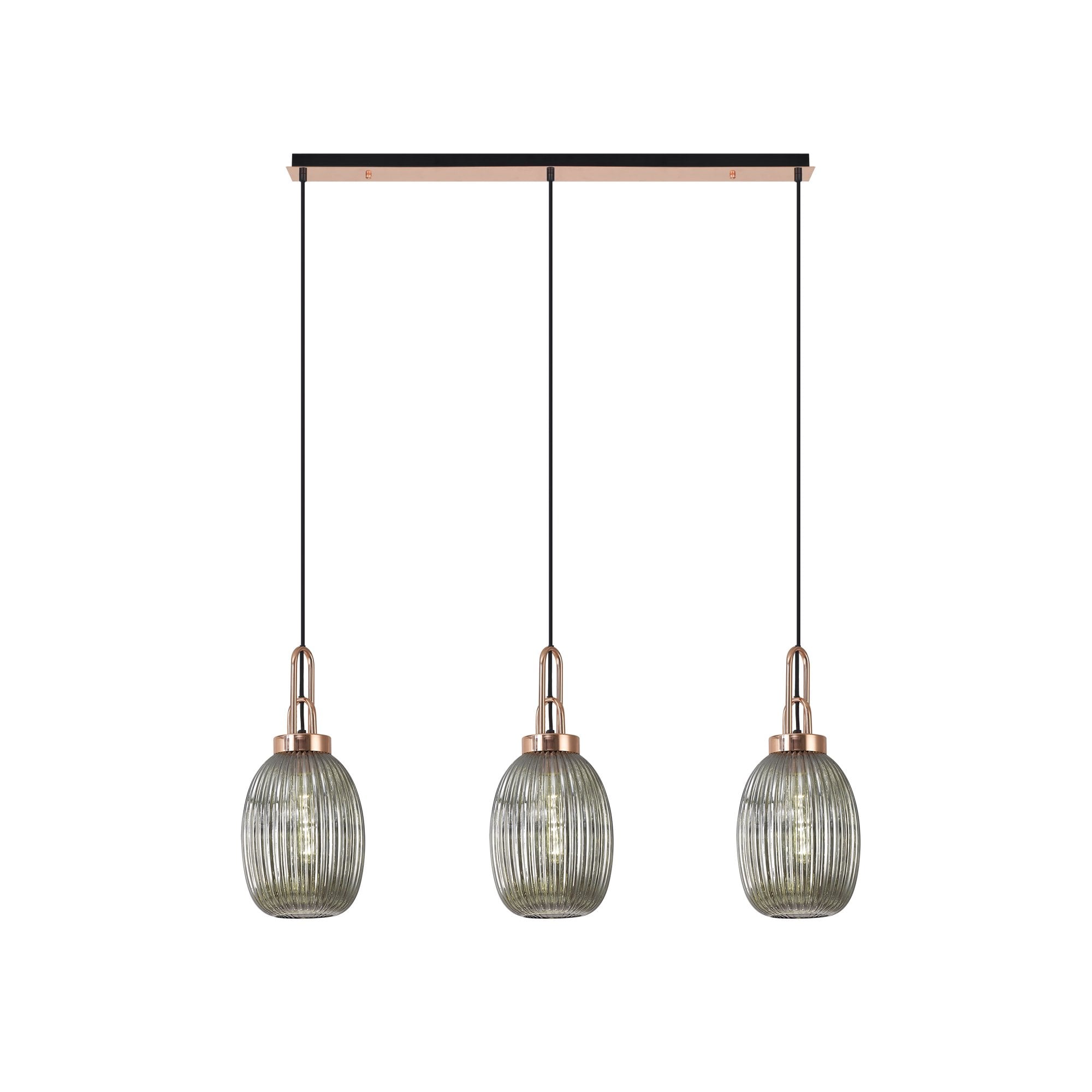 Fabula Springfield 3 Light Linear Pendant - 20cm Almond Ribbed Glass Shades - Copper & Smoked Glass