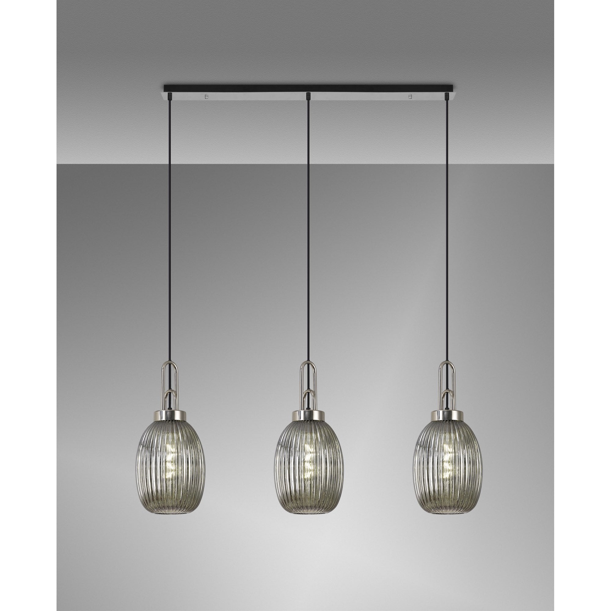Fabula Springfield 3 Light Linear Pendant - 20cm Almond Ribbed Glass Shades - Polished Nickel & Smoked Glass