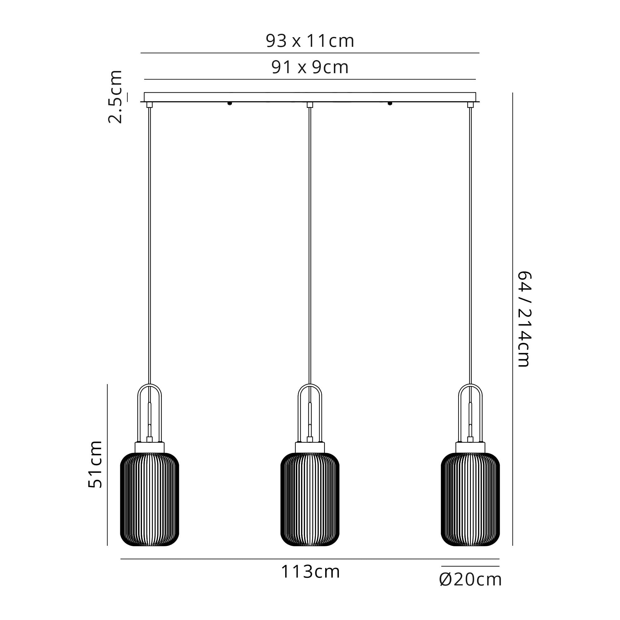 Fabula Springfield 3 Light Linear Pendant - 20cm Tubular Ribbed Glass Shades - Copper & Opal Glass