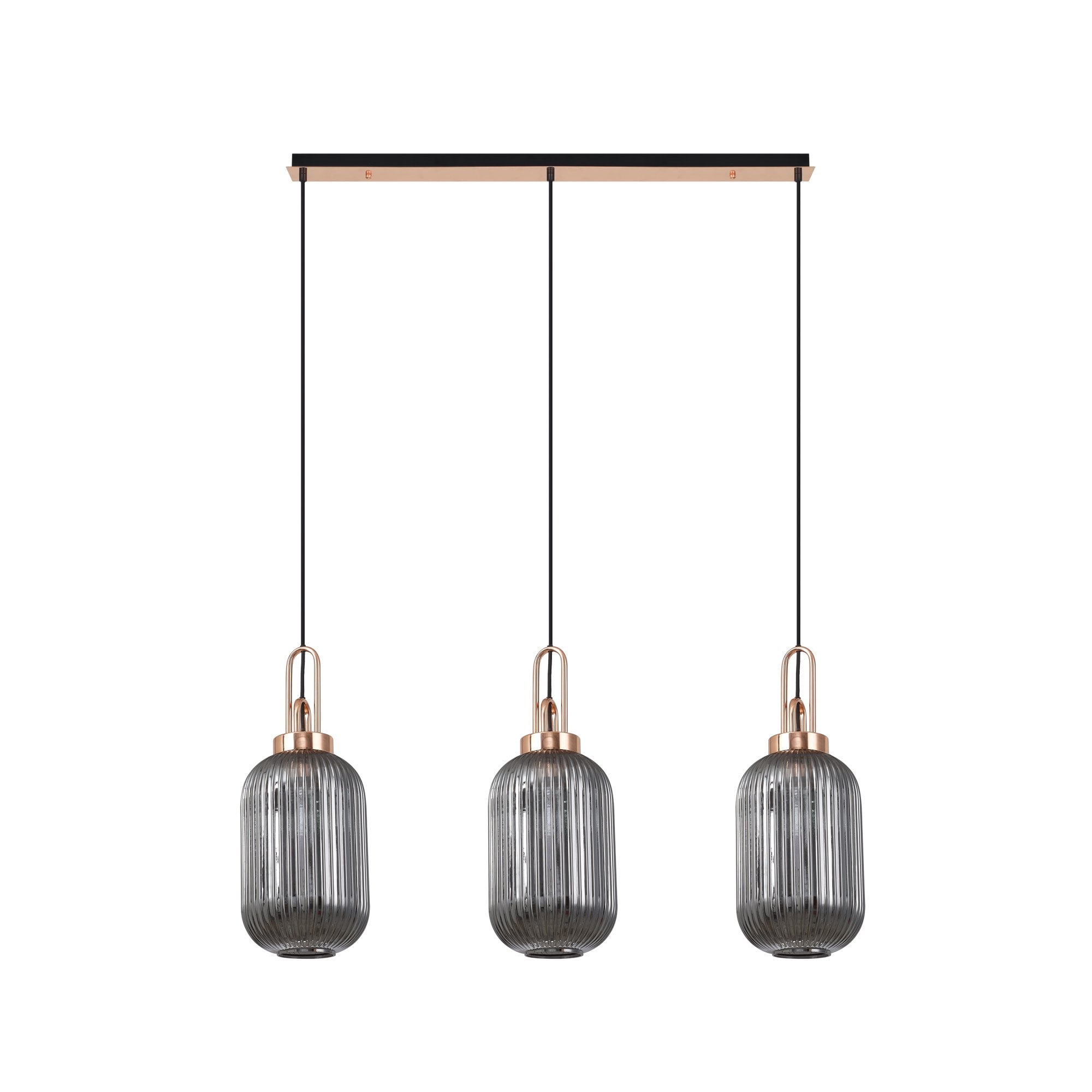 Fabula Springfield 3 Light Linear Pendant - 20cm Tubular Ribbed Glass Shades - Copper & Smoked Glass