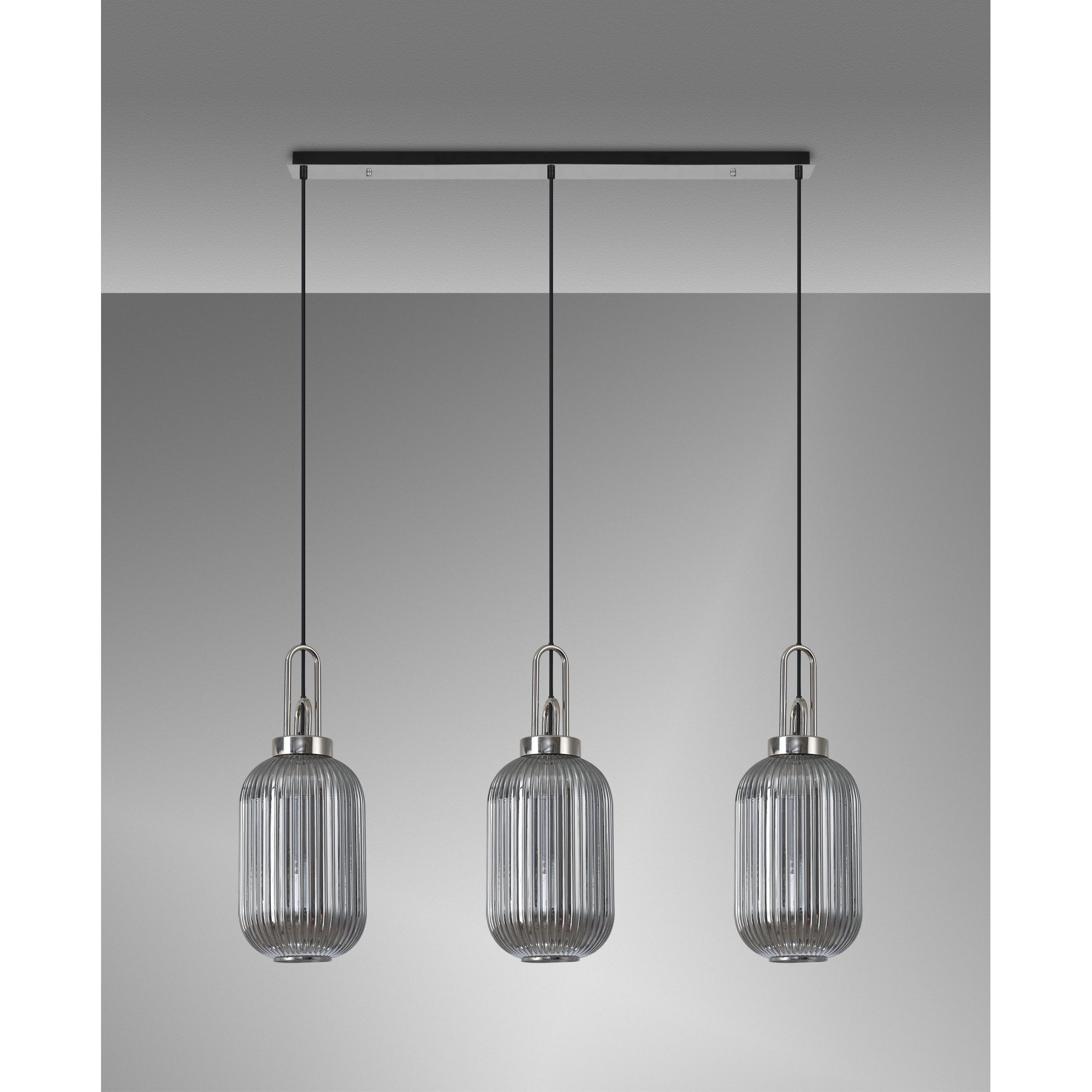 Fabula Springfield 3 Light Linear Pendant - 20cm Tubular Ribbed Glass Shades - Polished Nickel & Smoked Glass
