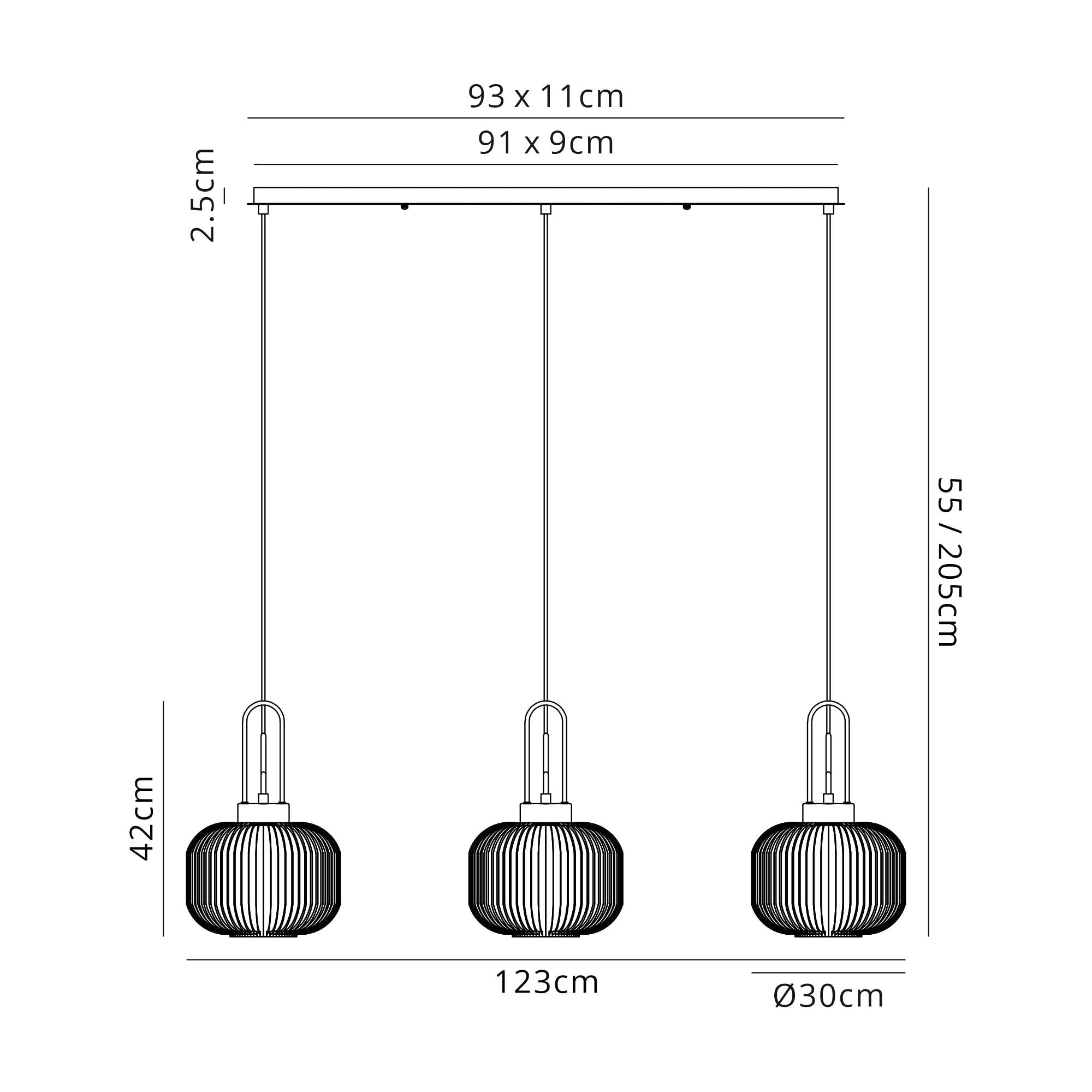 Fabula Springfield 3 Light Linear Pendant - 30cm Pumpkin Shaped Ribbed Glass Shades - Copper & Clear Glass