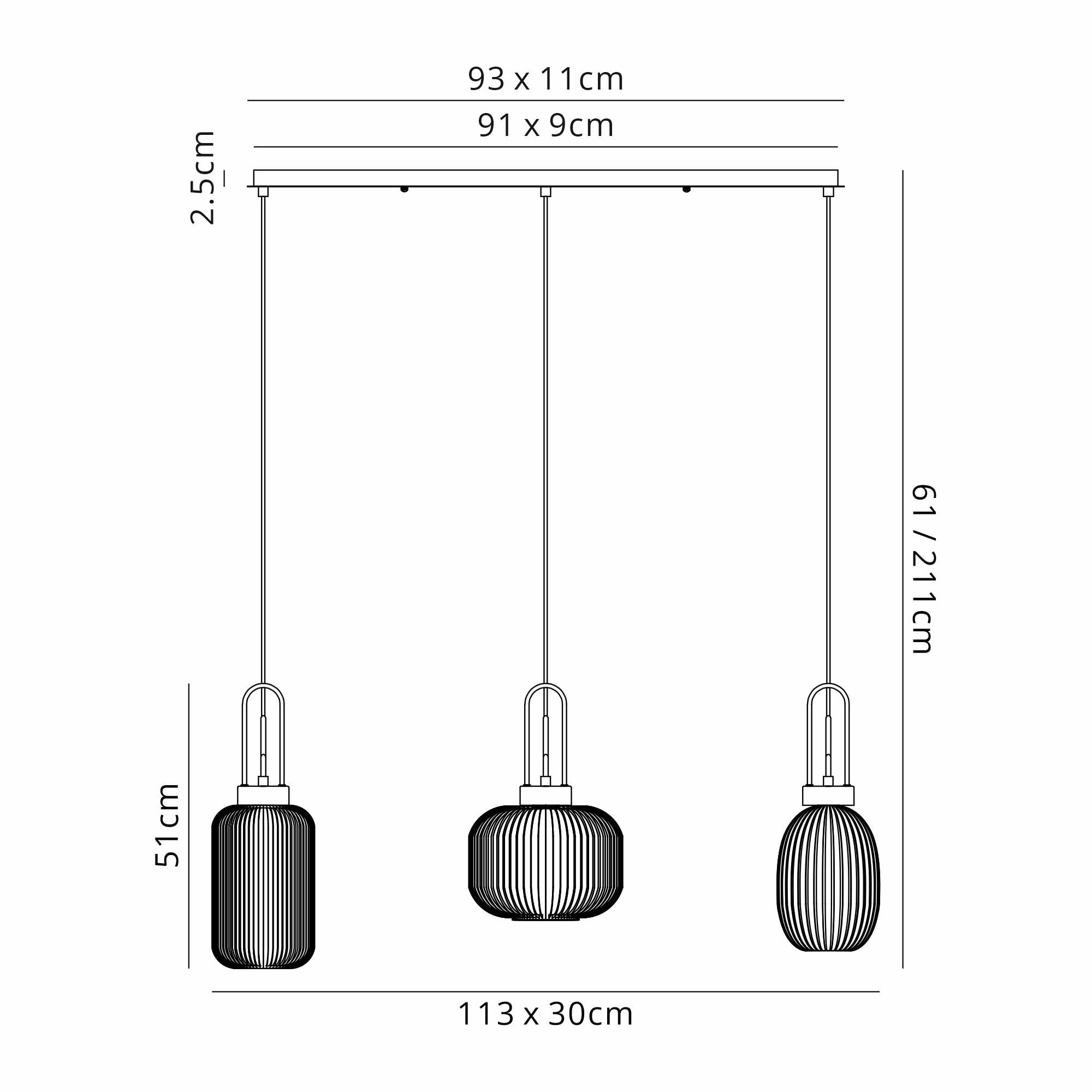 Fabula Springfield 3 Light Linear Pendant - Mixed Glass Shades - Aged Pewter & Petrol Blue Glass