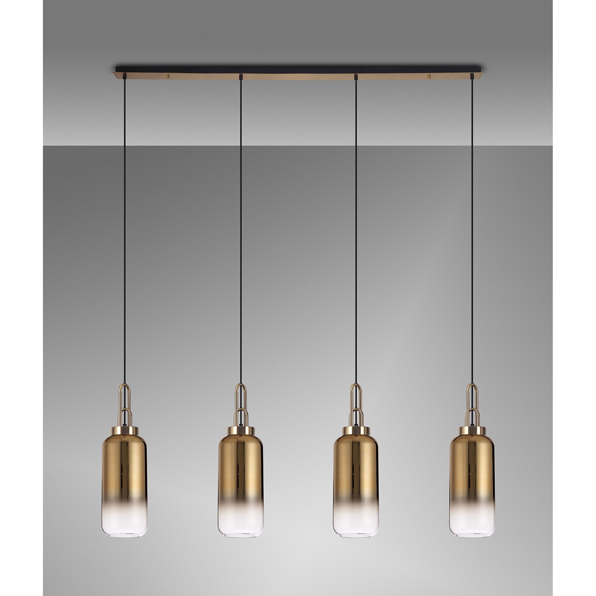 Fabula Springfield 4 Light Linear Pendant - 16cm Cylinder Glass Shades - Brass Gold & Brass Gold Fade Glass