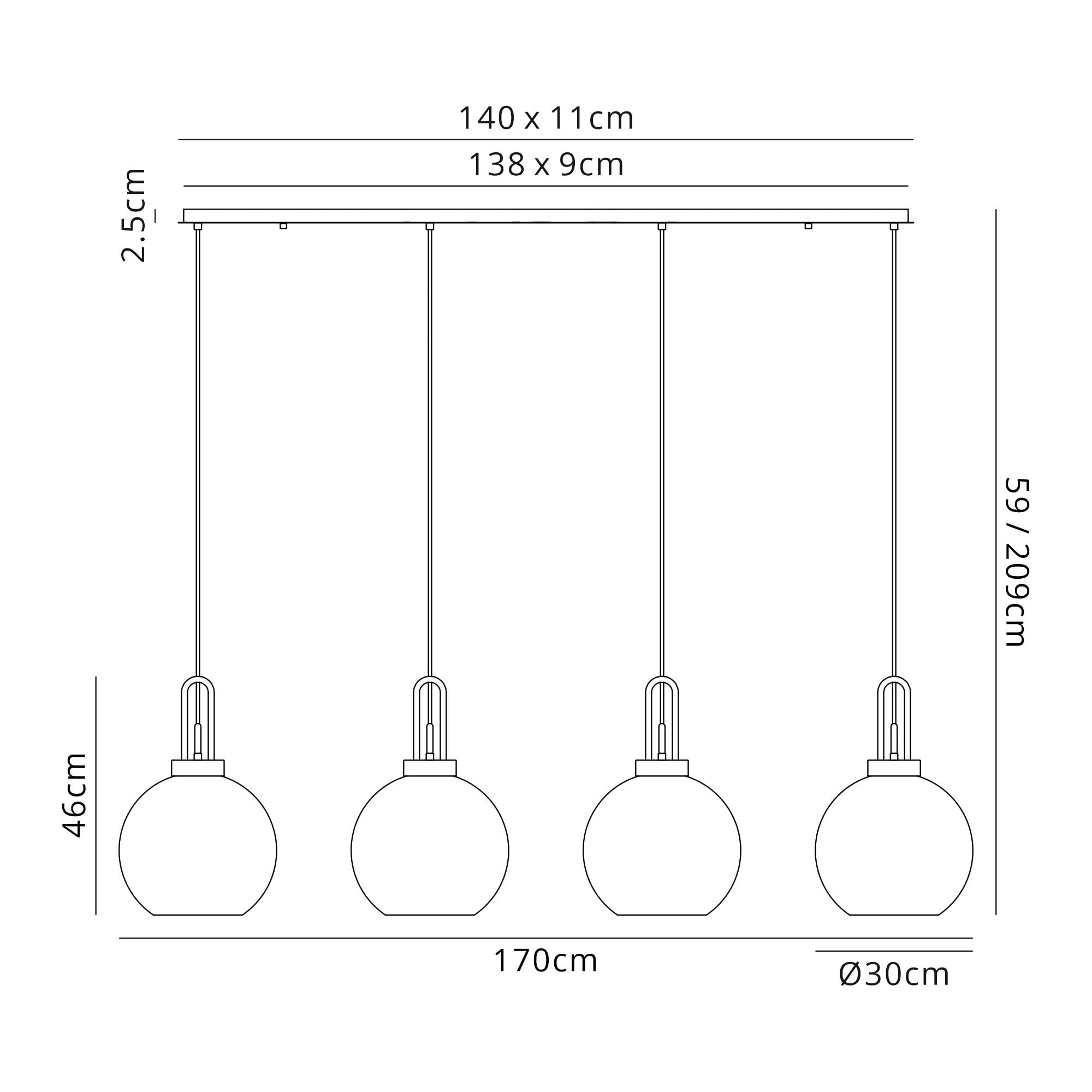Fabula Springfield 4 Light Linear Pendant - 30cm Globe Glass Shades - Black Chrome & Smoked Fade Glass
