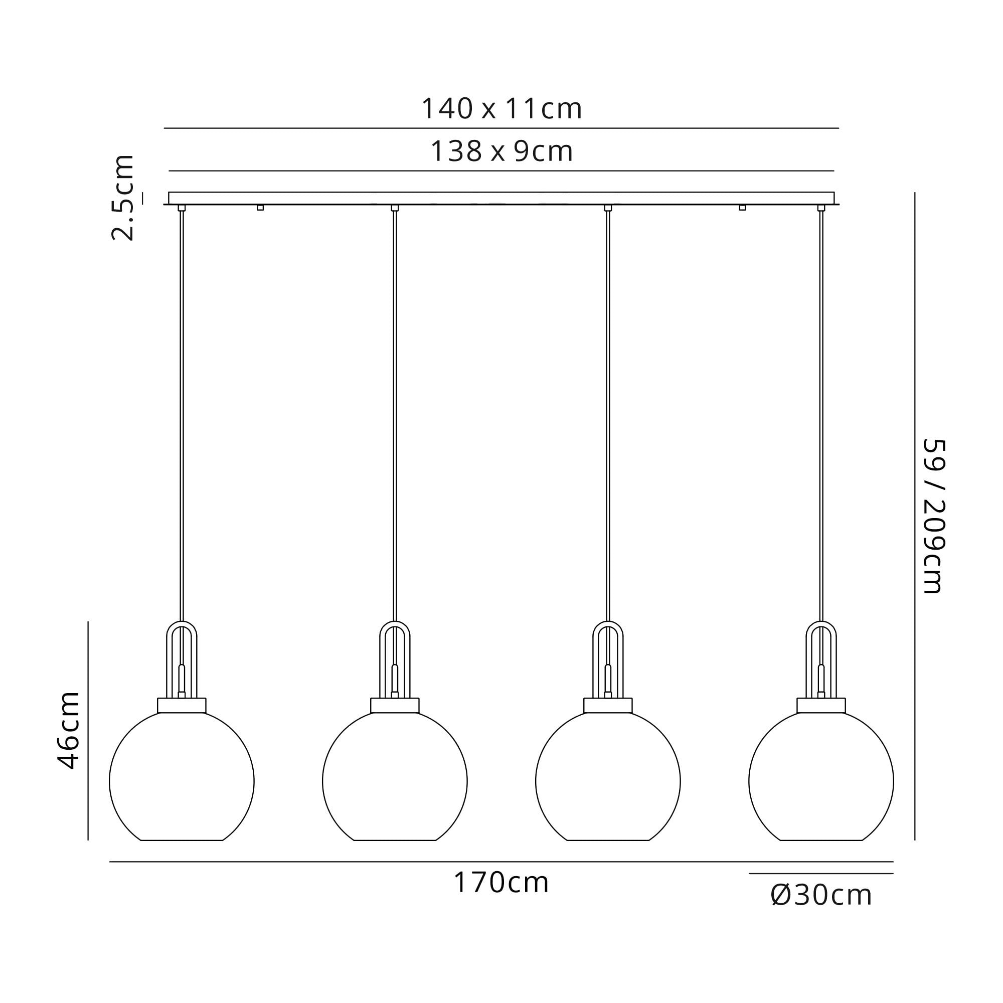 Fabula Springfield 4 Light Linear Pendant - 30cm Globe Glass Shades - Copper & Copper Fade Glass