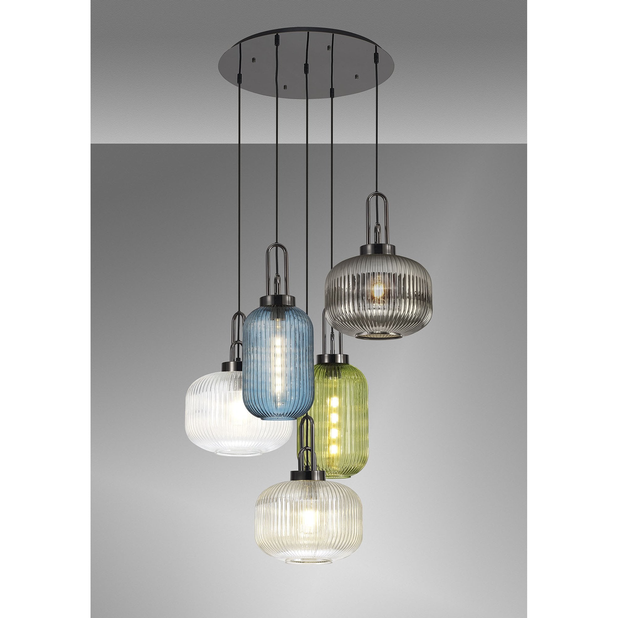 Fabula Springfield 5 Light Round Pendant - Mixed Glass Shades - Black Chrome & Multi-Colour Glass