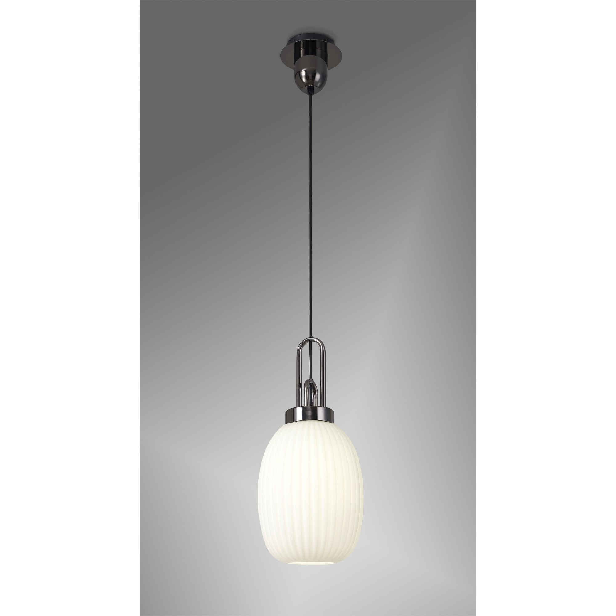 Fabula Springfield Single Pendant - 20cm Almond Ribbed Glass Shade - Black Chrome & Opal Glass