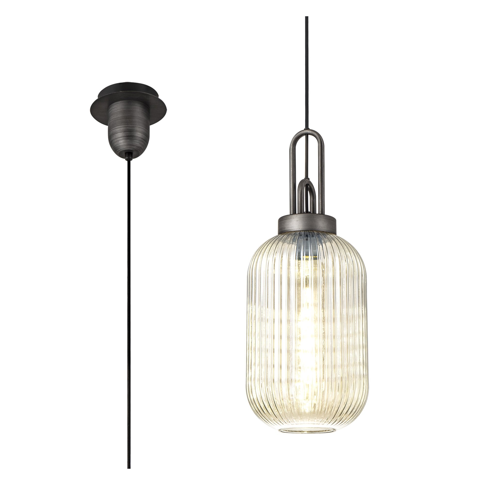 Fabula Springfield Single Pendant - 20cm Tubular Ribbed Glass Shade - Aged Pewter & Champagne Glass