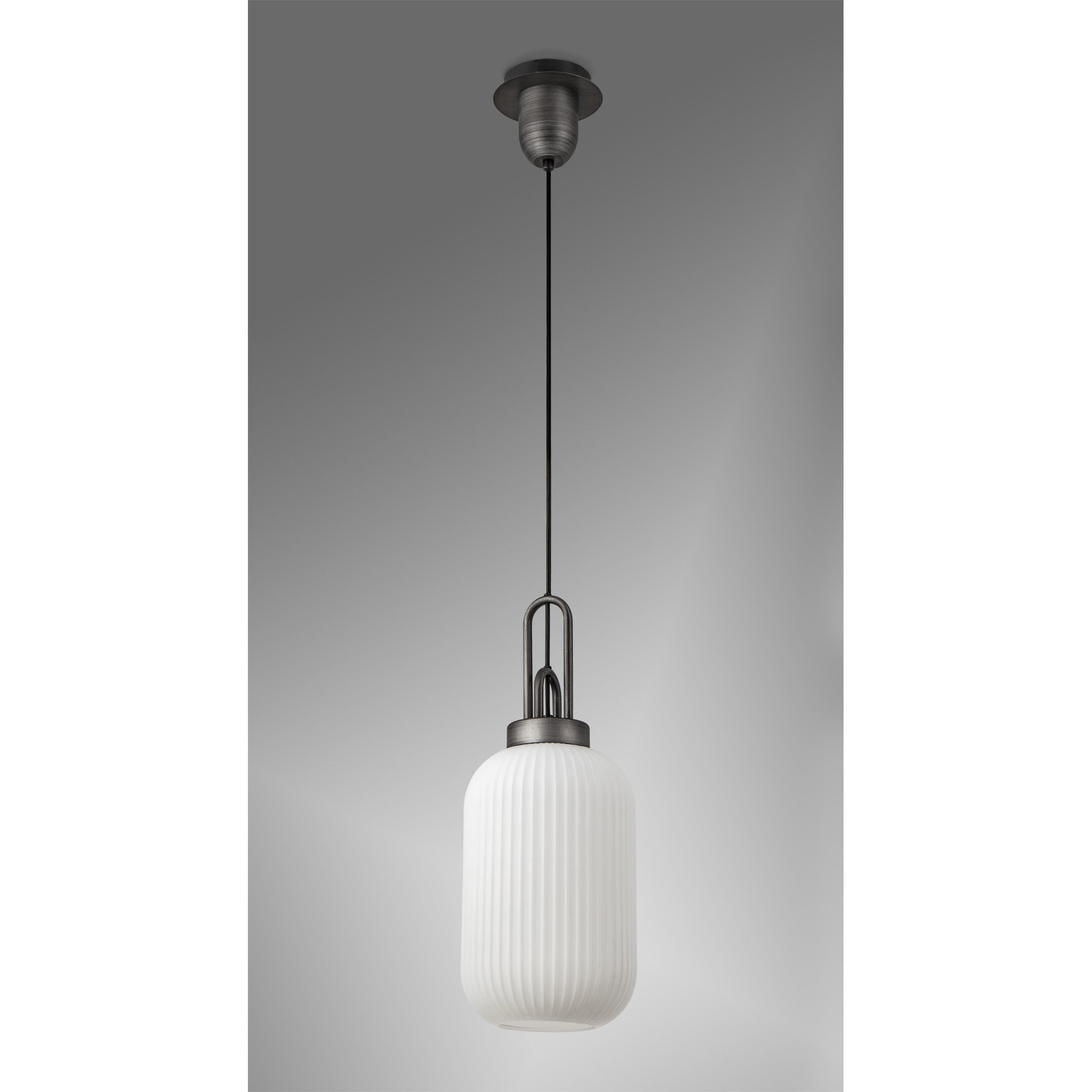 Fabula Springfield Single Pendant - 20cm Tubular Ribbed Glass Shade - Aged Pewter & Opal Glass