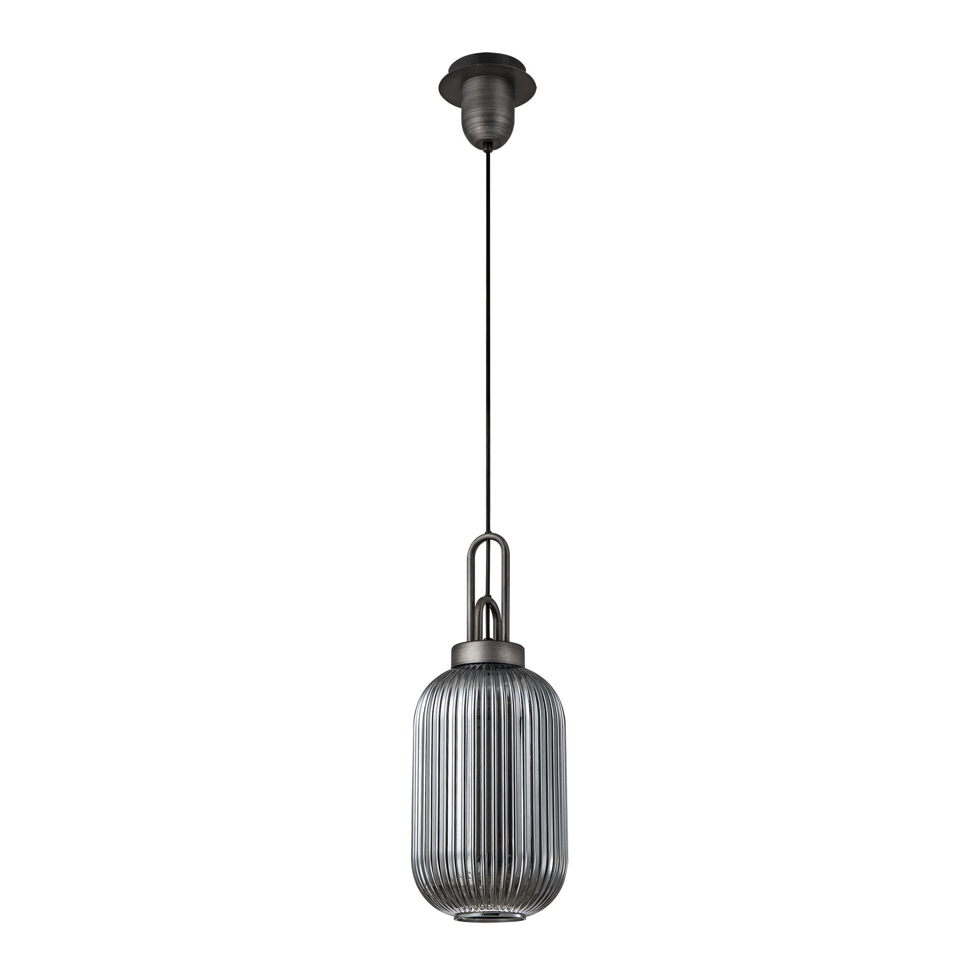 Fabula Springfield Single Pendant - 20cm Tubular Ribbed Glass Shade - Aged Pewter & Smoked Glass