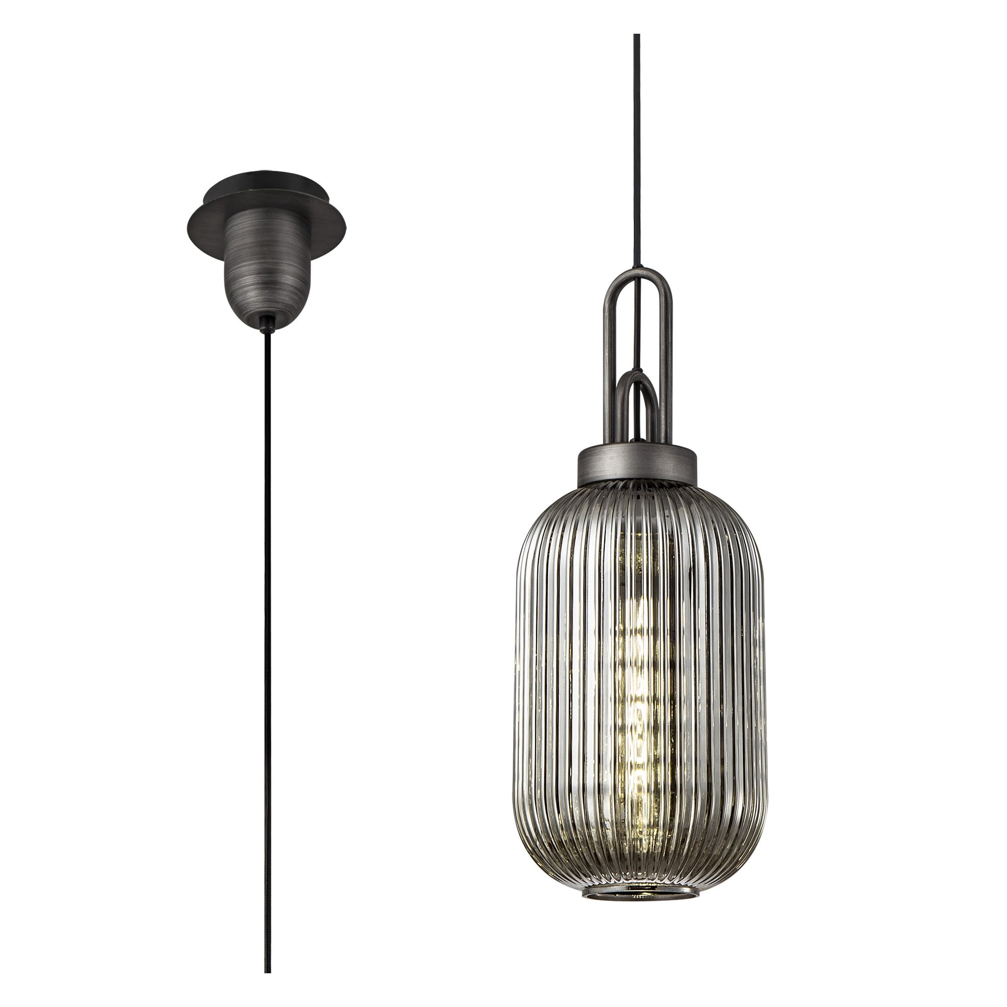 Fabula Springfield Single Pendant - 20cm Tubular Ribbed Glass Shade - Aged Pewter & Smoked Glass