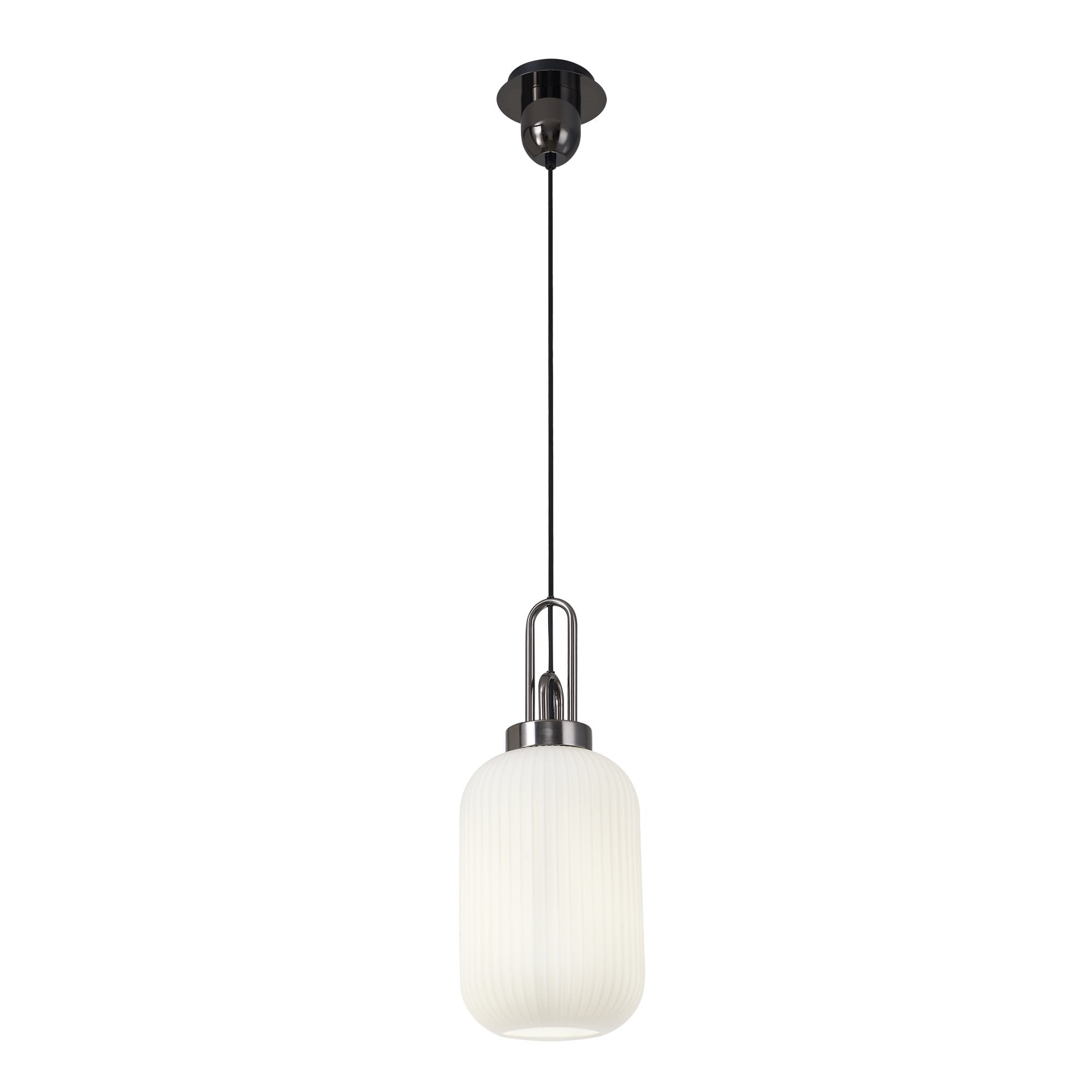 Fabula Springfield Single Pendant - 20cm Tubular Ribbed Glass Shade - Black Chrome & Opal Glass