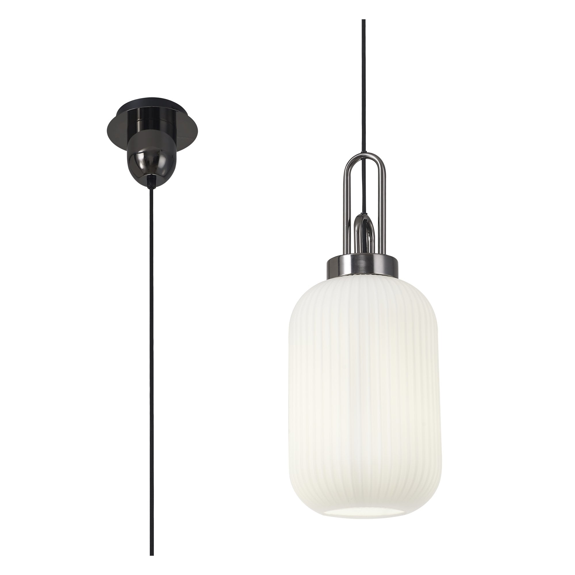 Fabula Springfield Single Pendant - 20cm Tubular Ribbed Glass Shade - Black Chrome & Opal Glass