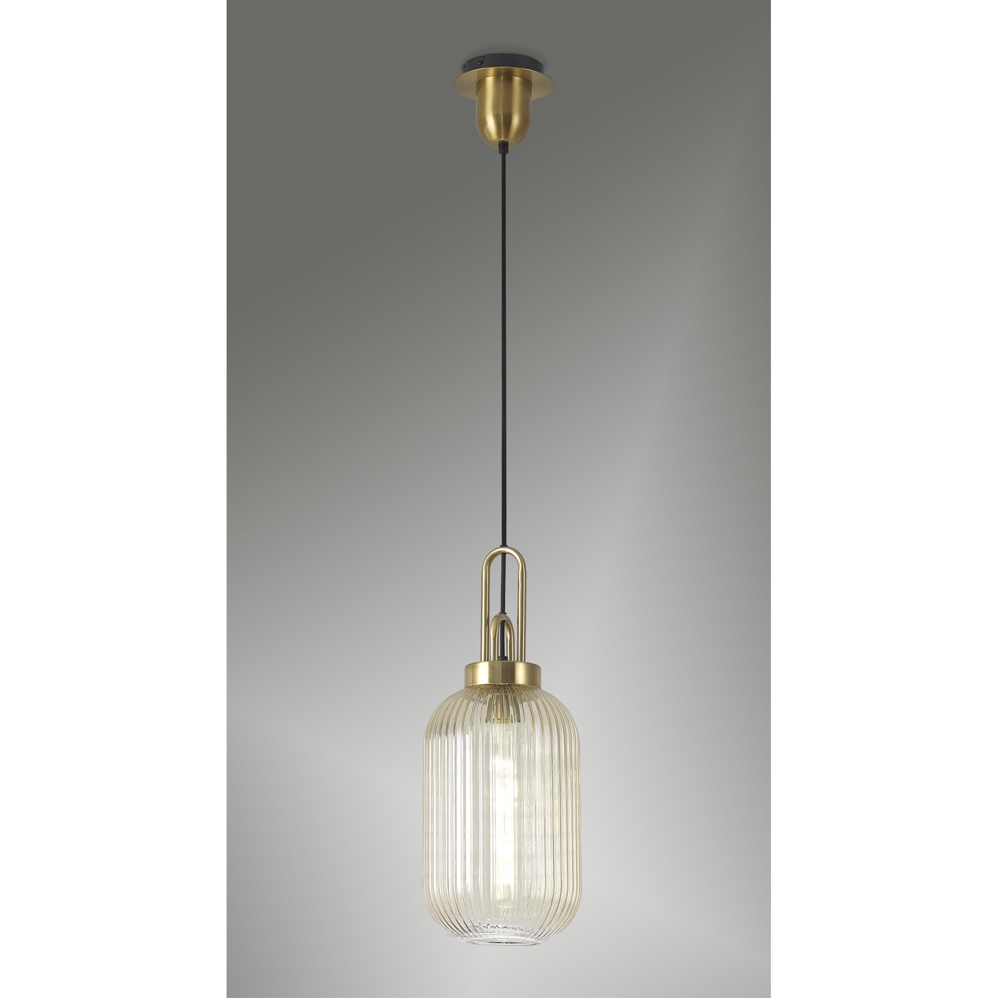Fabula Springfield Single Pendant - 20cm Tubular Ribbed Glass Shade - Brass Gold & Champagne Glass