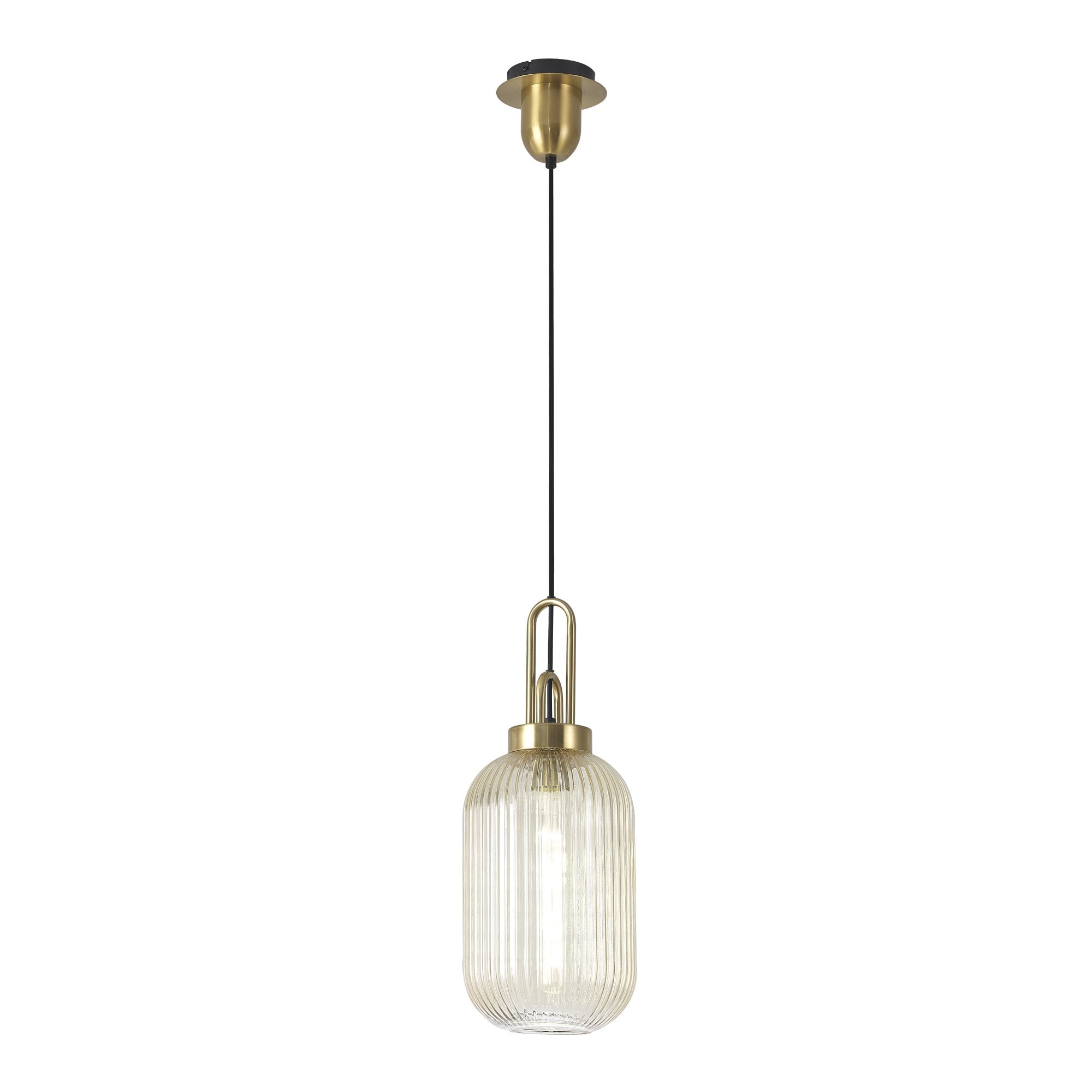 Fabula Springfield Single Pendant - 20cm Tubular Ribbed Glass Shade - Brass Gold & Champagne Glass