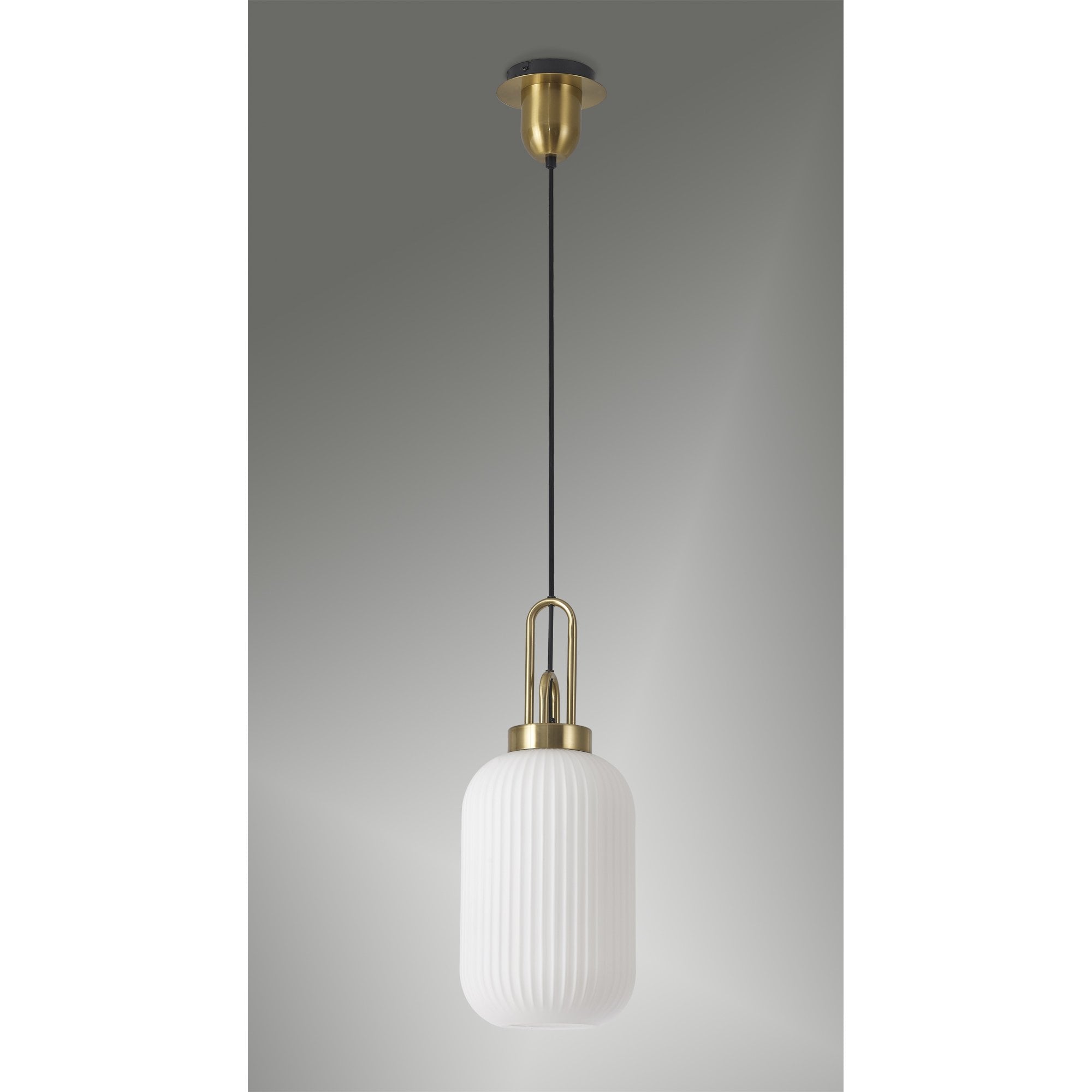 Fabula Springfield Single Pendant - 20cm Tubular Ribbed Glass Shade - Brass Gold & Opal Glass