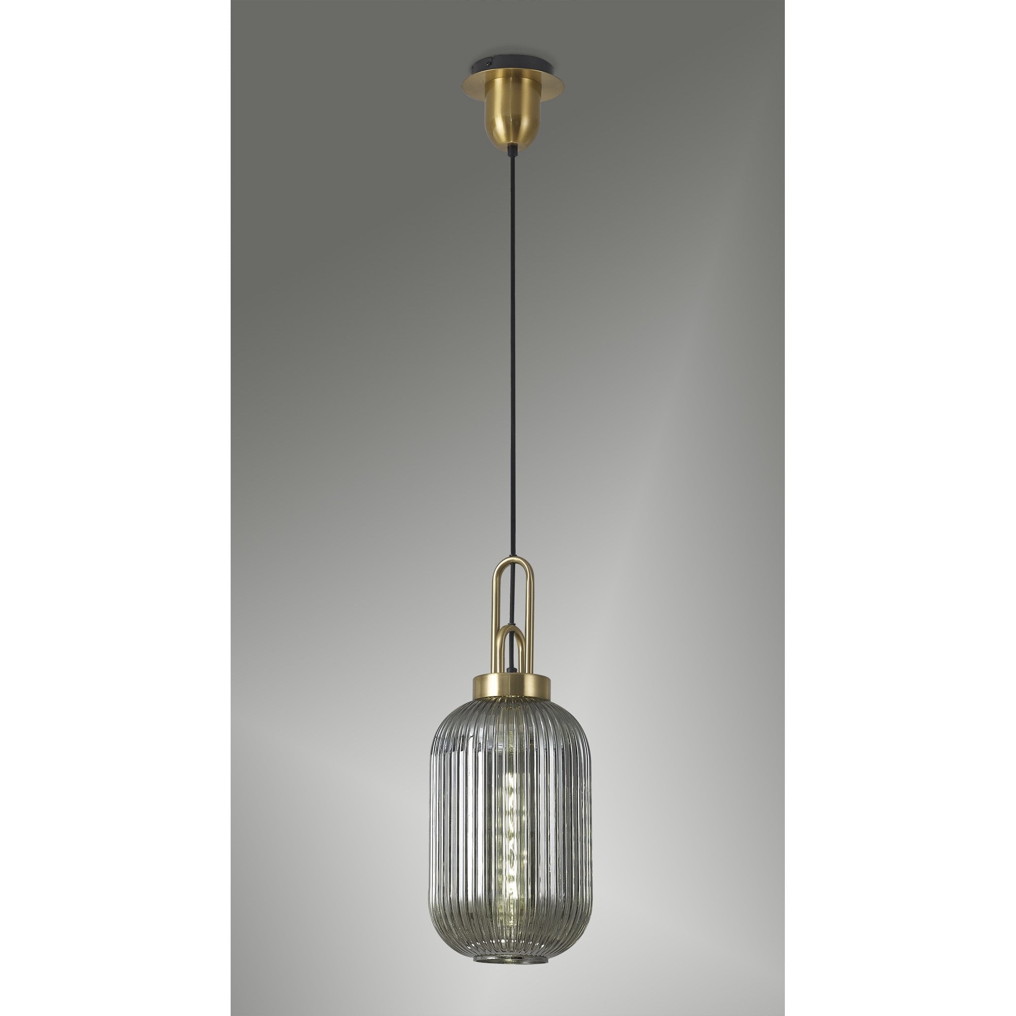 Fabula Springfield Single Pendant - 20cm Tubular Ribbed Glass Shade - Brass Gold & Smoked Glass