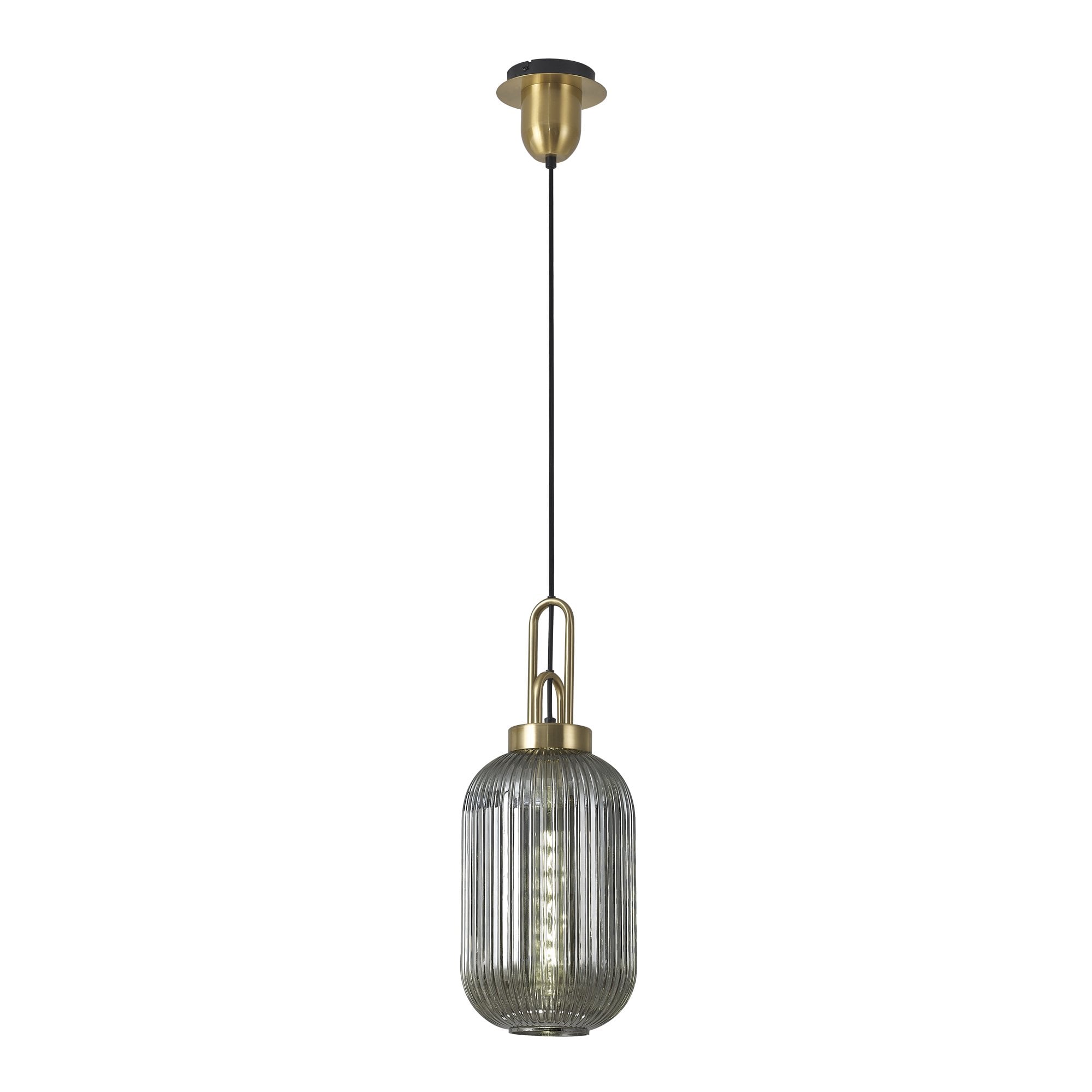Fabula Springfield Single Pendant - 20cm Tubular Ribbed Glass Shade - Brass Gold & Smoked Glass