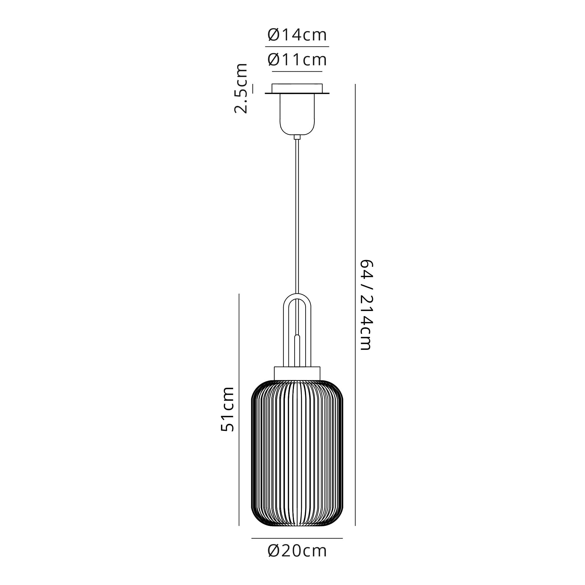 Fabula Springfield Single Pendant - 20cm Tubular Ribbed Glass Shade - Copper & Smoked Glass