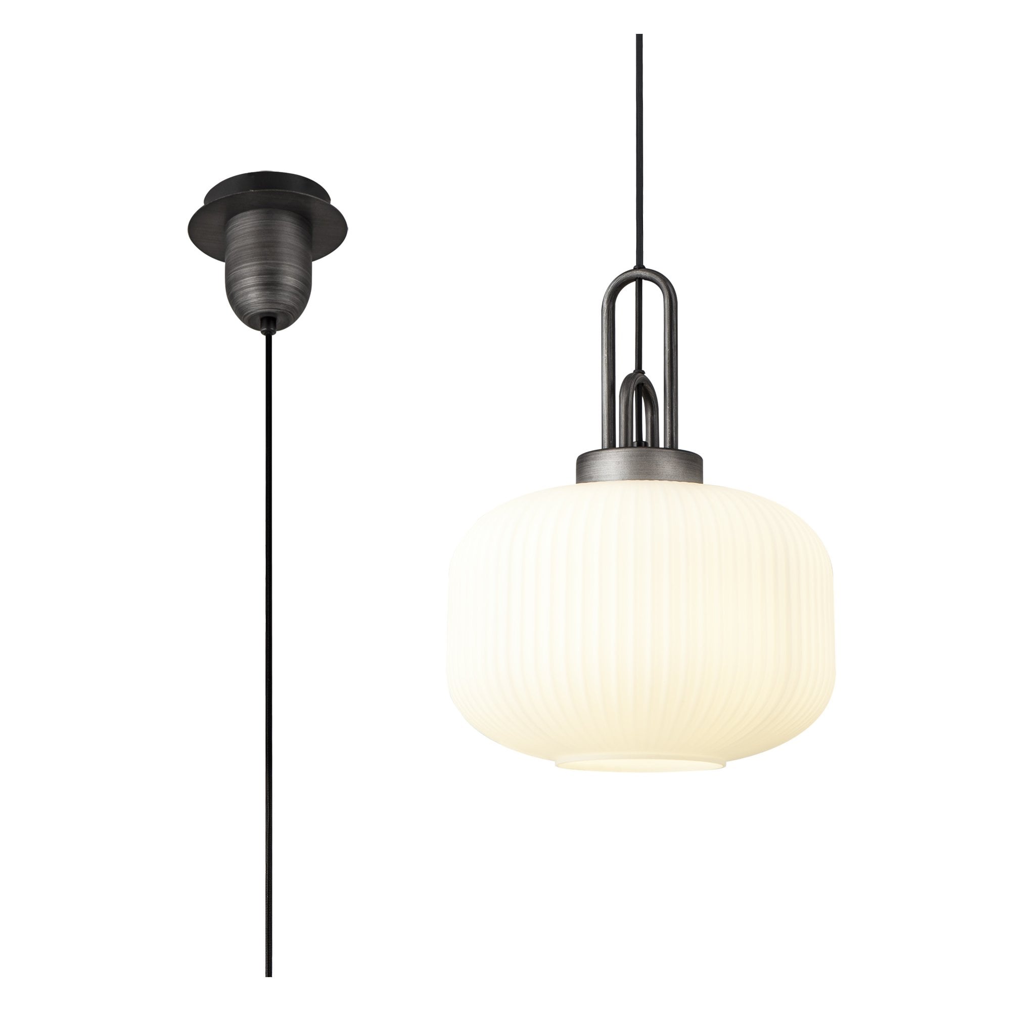 Fabula Springfield Single Pendant - 30cm Pumpkin Shaped Ribbed Glass Shade - Aged Pewter & Opal Glass