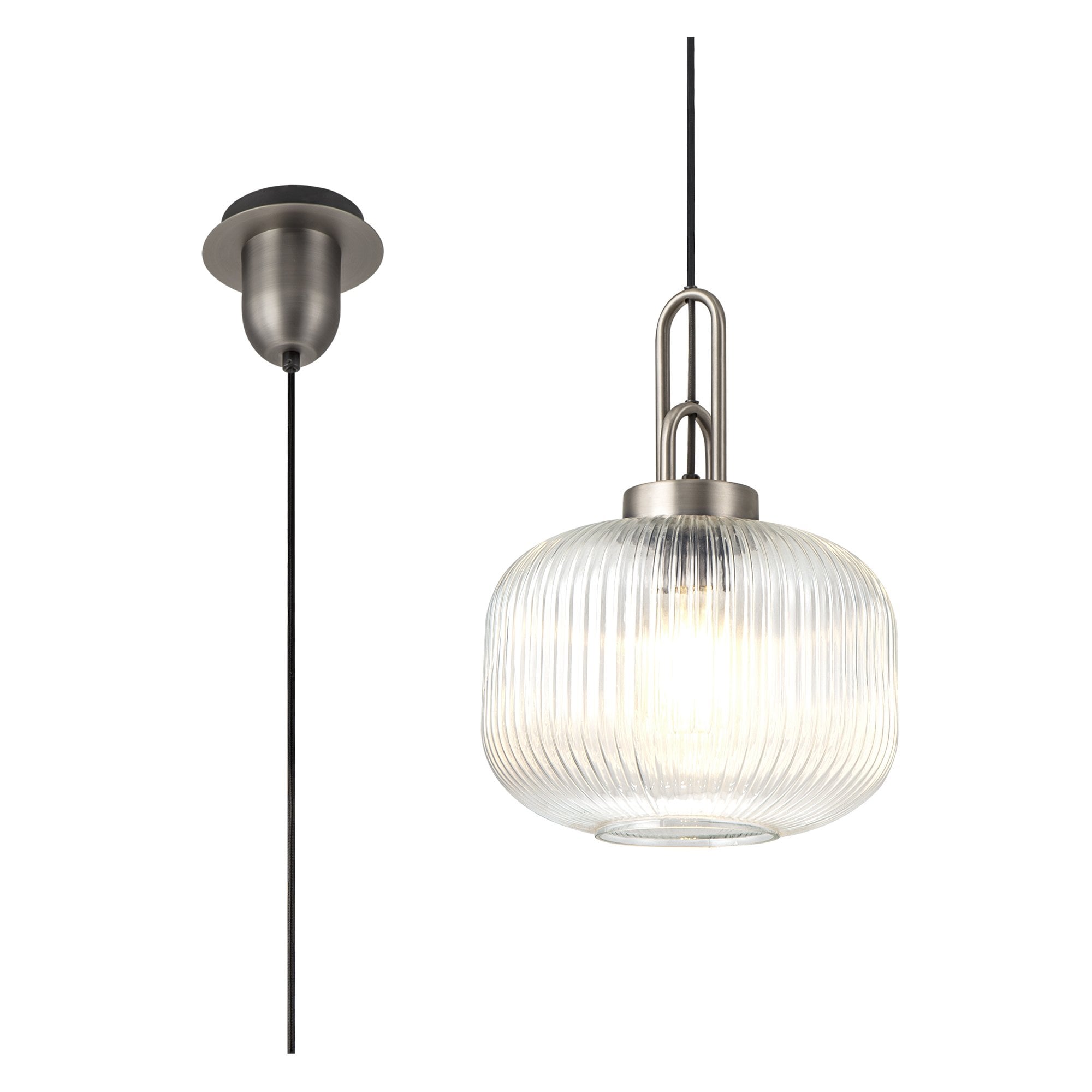 Fabula Springfield Single Pendant - 30cm Pumpkin Shaped Ribbed Glass Shade - Antique Silver & Clear Glass