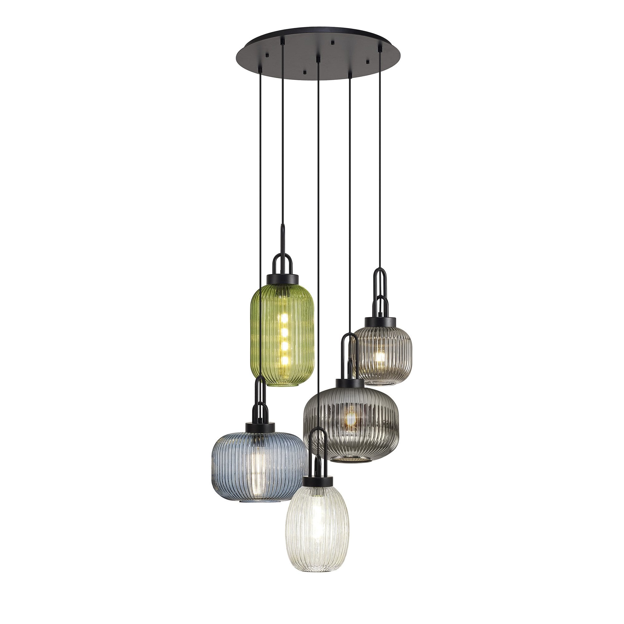 Fabula Springfield 5 Light Round Pendant - Mixed Glass Shades - Matt Black & Multi-Colour Glass