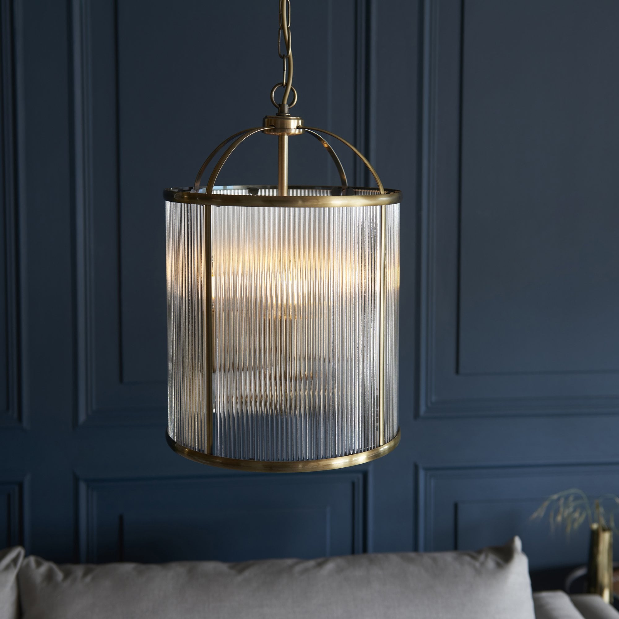 Endon Lambeth Ribbed 4 Light Pendant - Antique Brass Plate & Clear Ribbed Glass